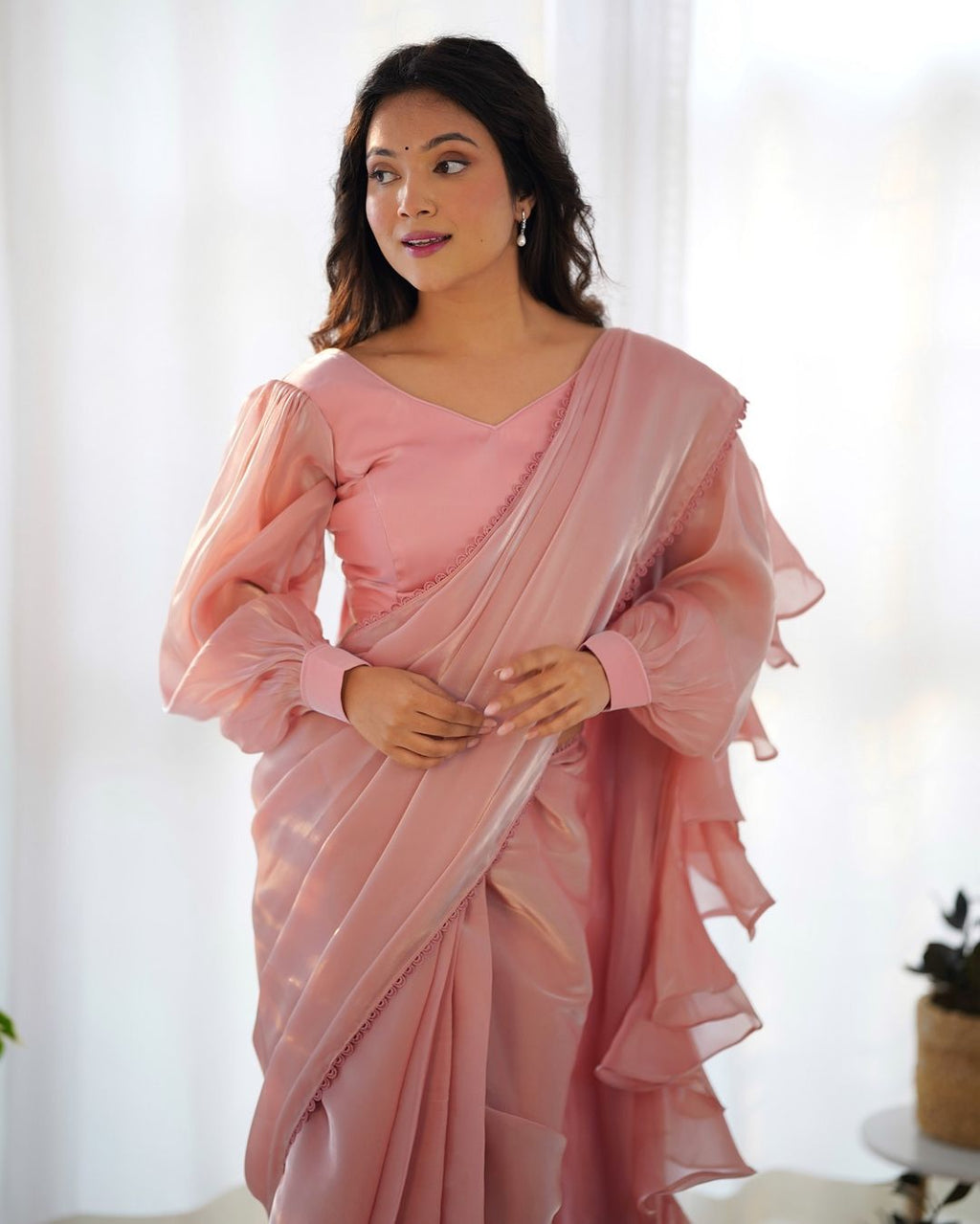 Anushree Peach Ready-To-Wear Jimmy Choo Organza Ruffle Drapped Saree