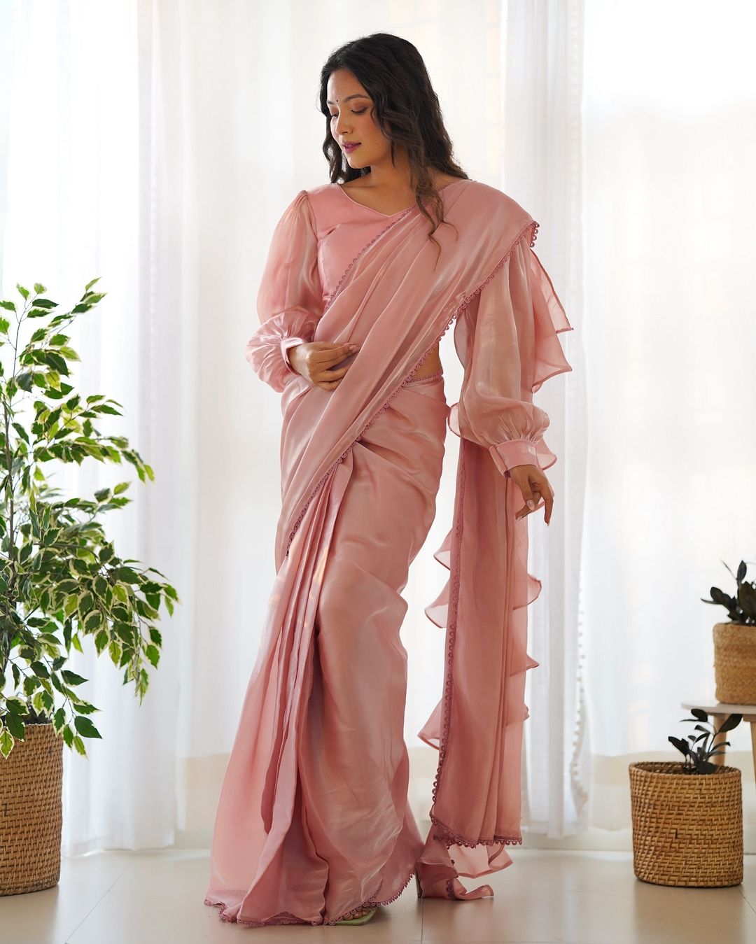 Anushree Peach Ready-To-Wear Jimmy Choo Organza Ruffle Drapped Saree