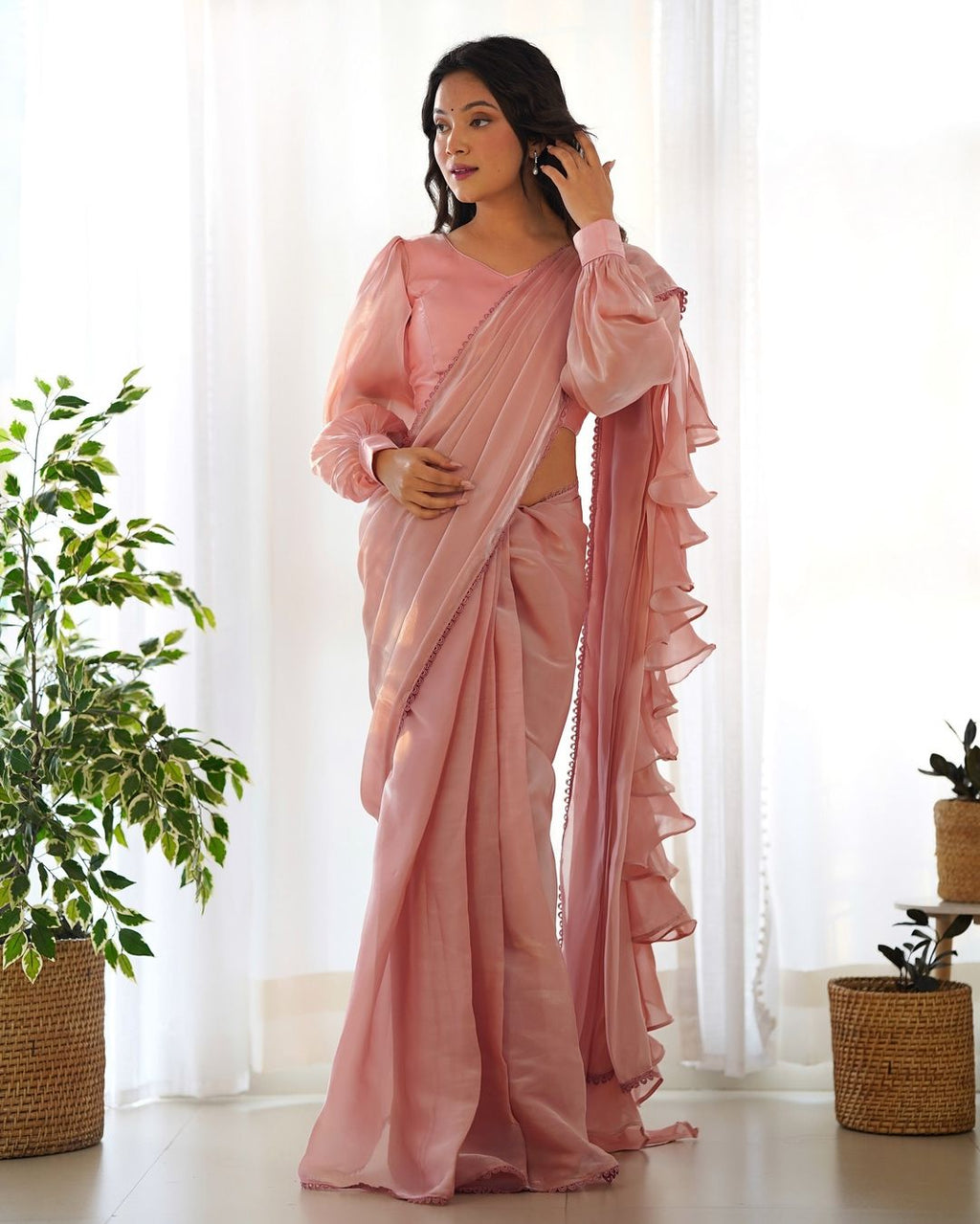 Anushree Peach Ready-To-Wear Jimmy Choo Organza Ruffle Drapped Saree
