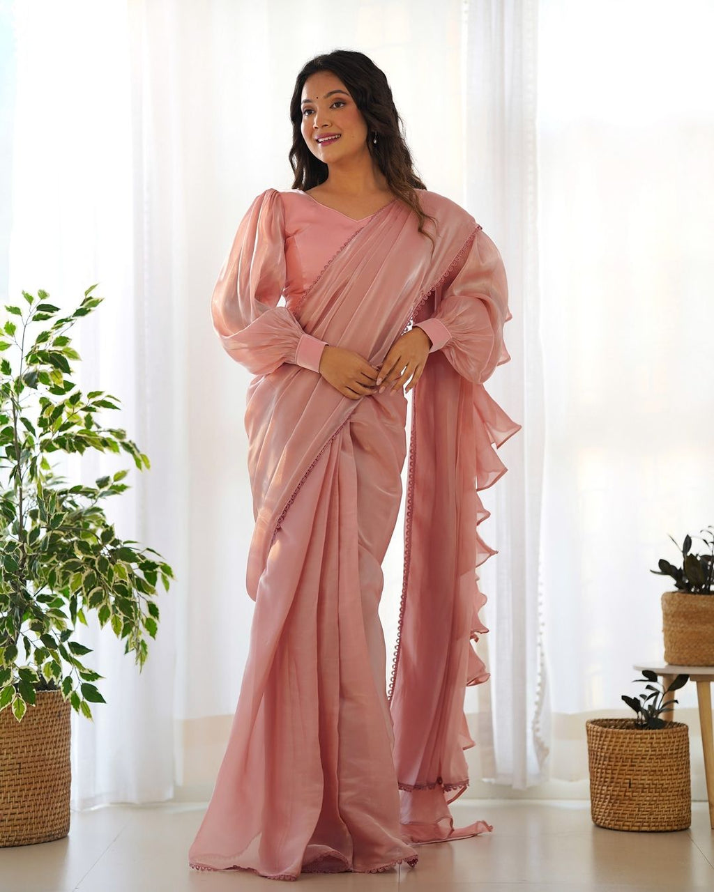 Anushree Peach Ready-To-Wear Jimmy Choo Organza Ruffle Drapped Saree