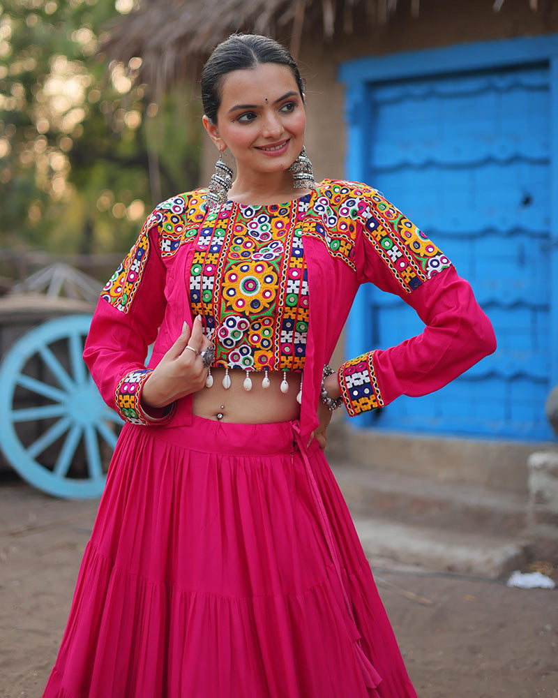 Parnika pink rayon embroidered Navratri lehenga choli