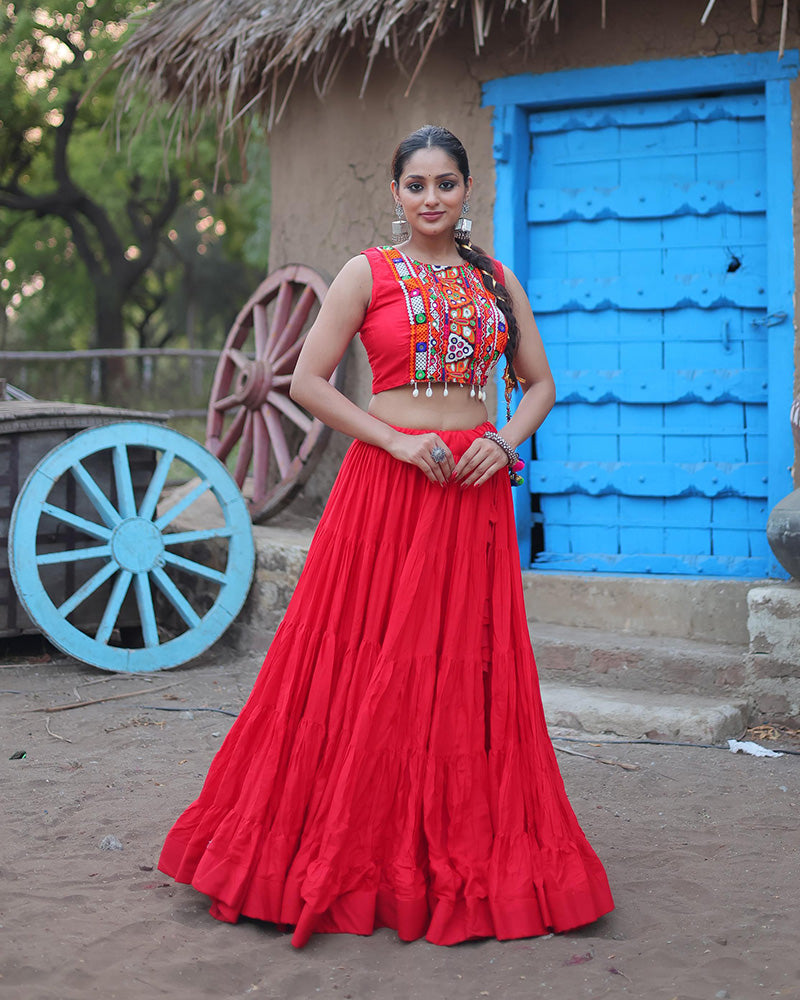 Parnika red rayon embroidered Navratri lehenga choli