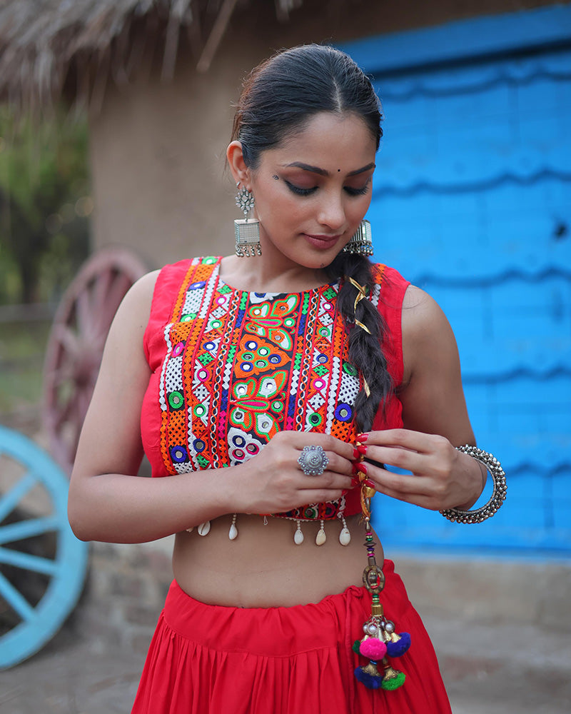 Parnika red rayon embroidered Navratri lehenga choli