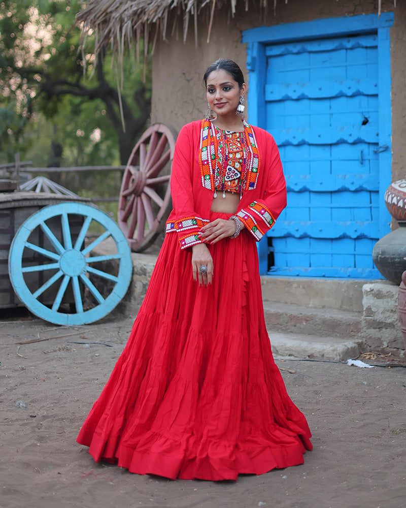 Parnika red rayon embroidered Navratri lehenga choli