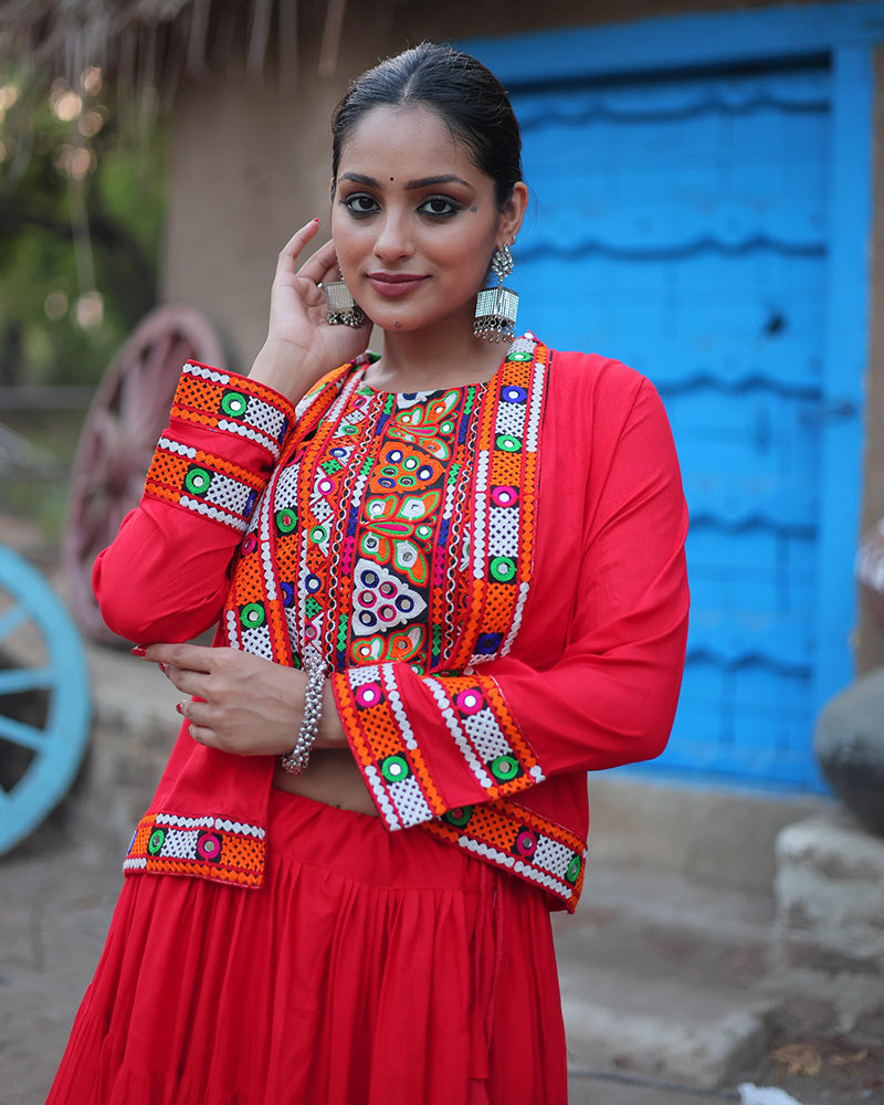 Parnika red rayon embroidered Navratri lehenga choli