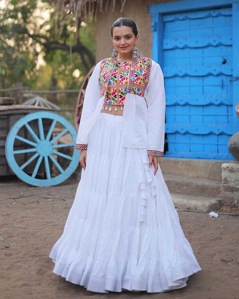 Parnika white rayon embroidered Navratri lehenga choli