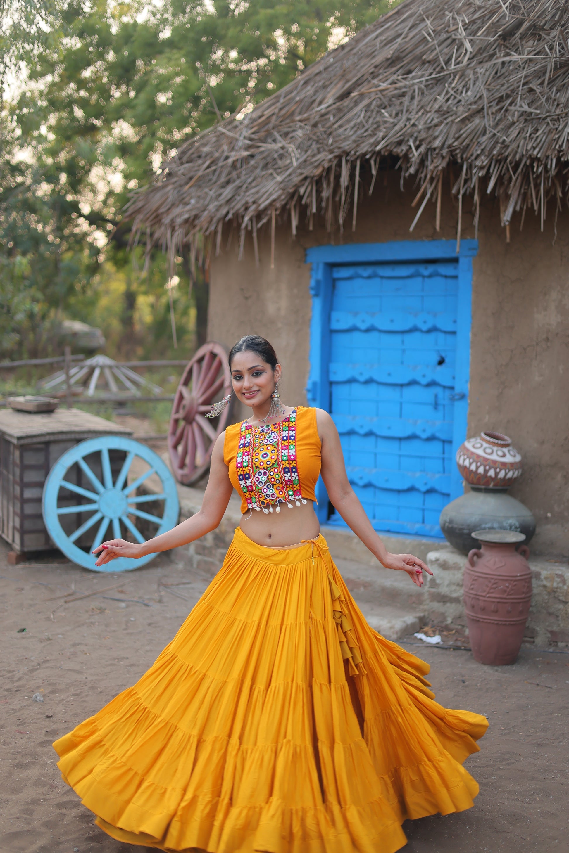 Parnika yellow rayon embroidered Navratri lehenga choli