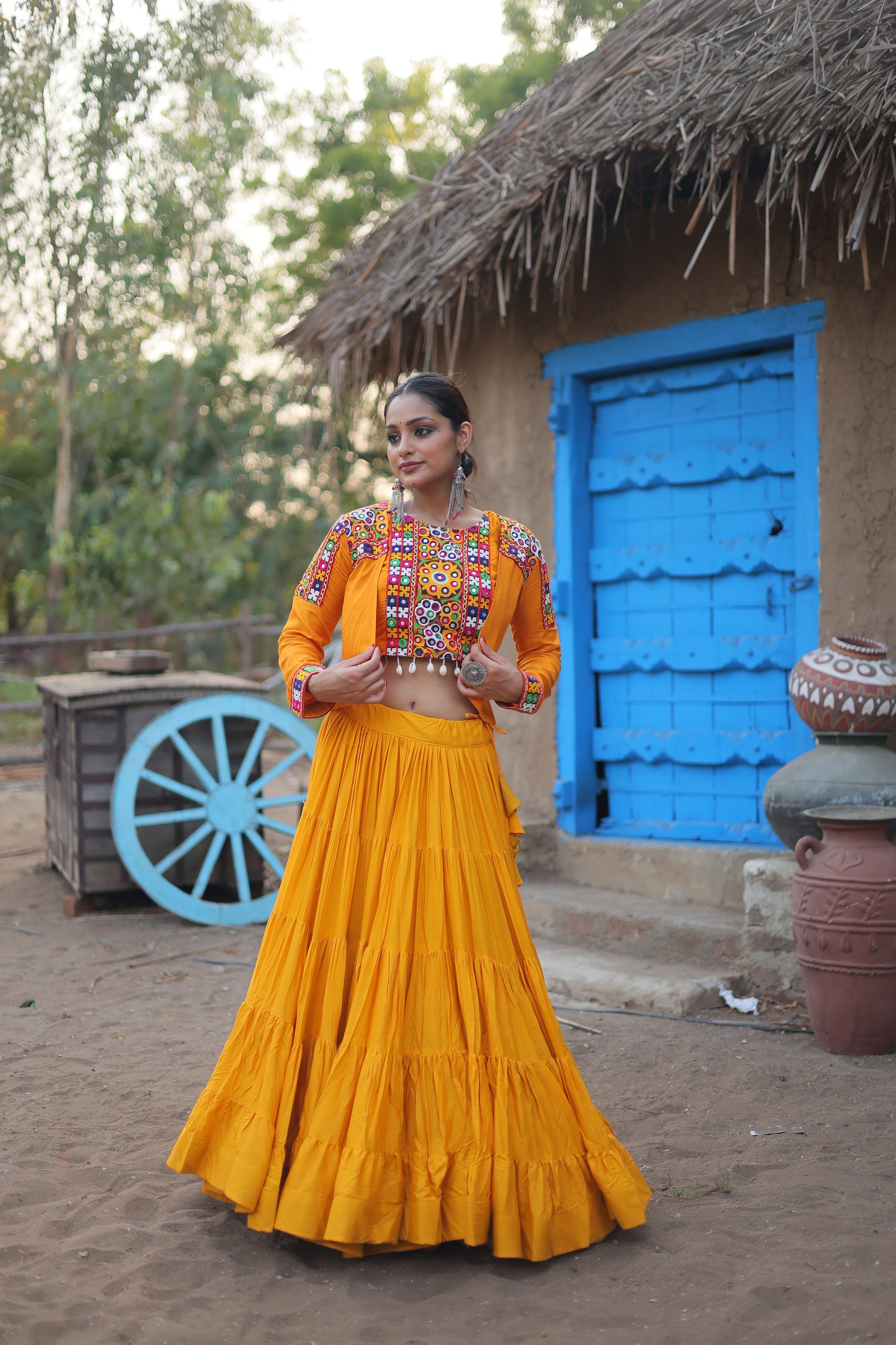Parnika yellow rayon embroidered Navratri lehenga choli
