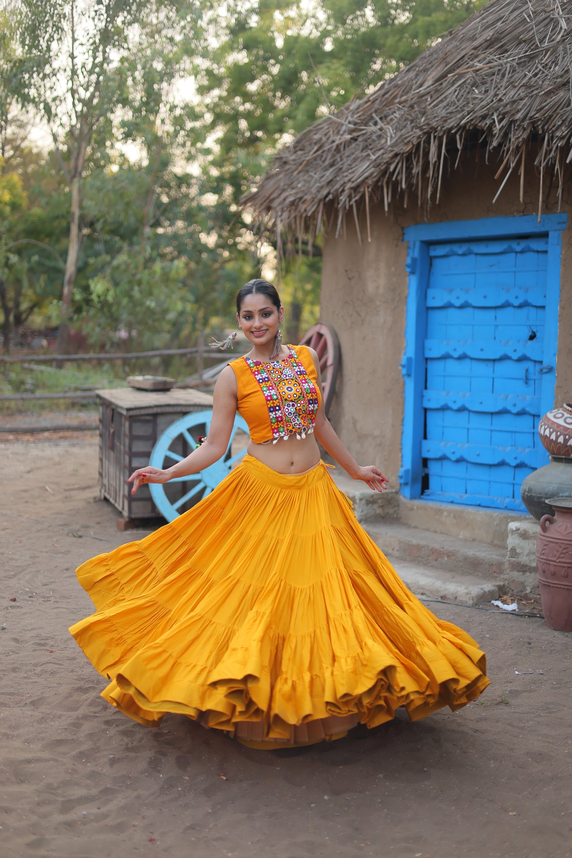 Parnika yellow rayon embroidered Navratri lehenga choli