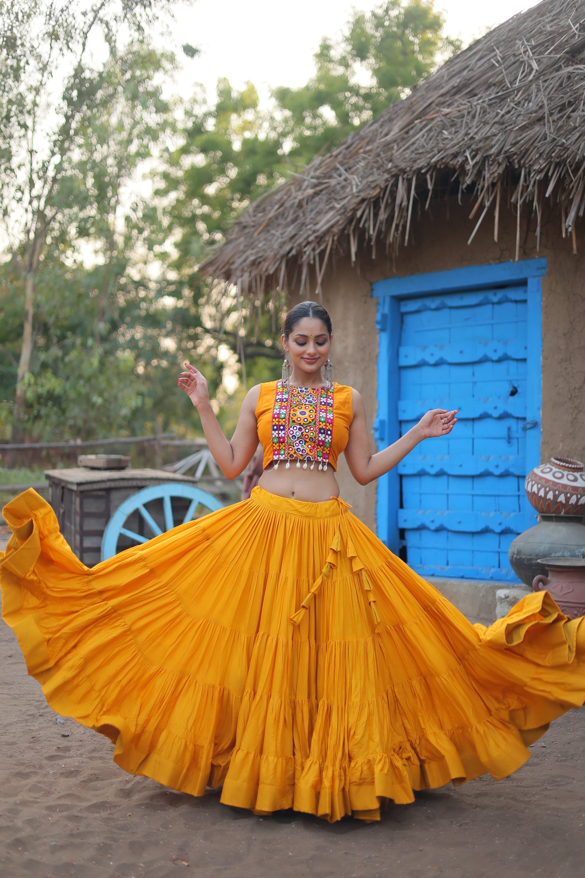 Parnika yellow rayon embroidered Navratri lehenga choli