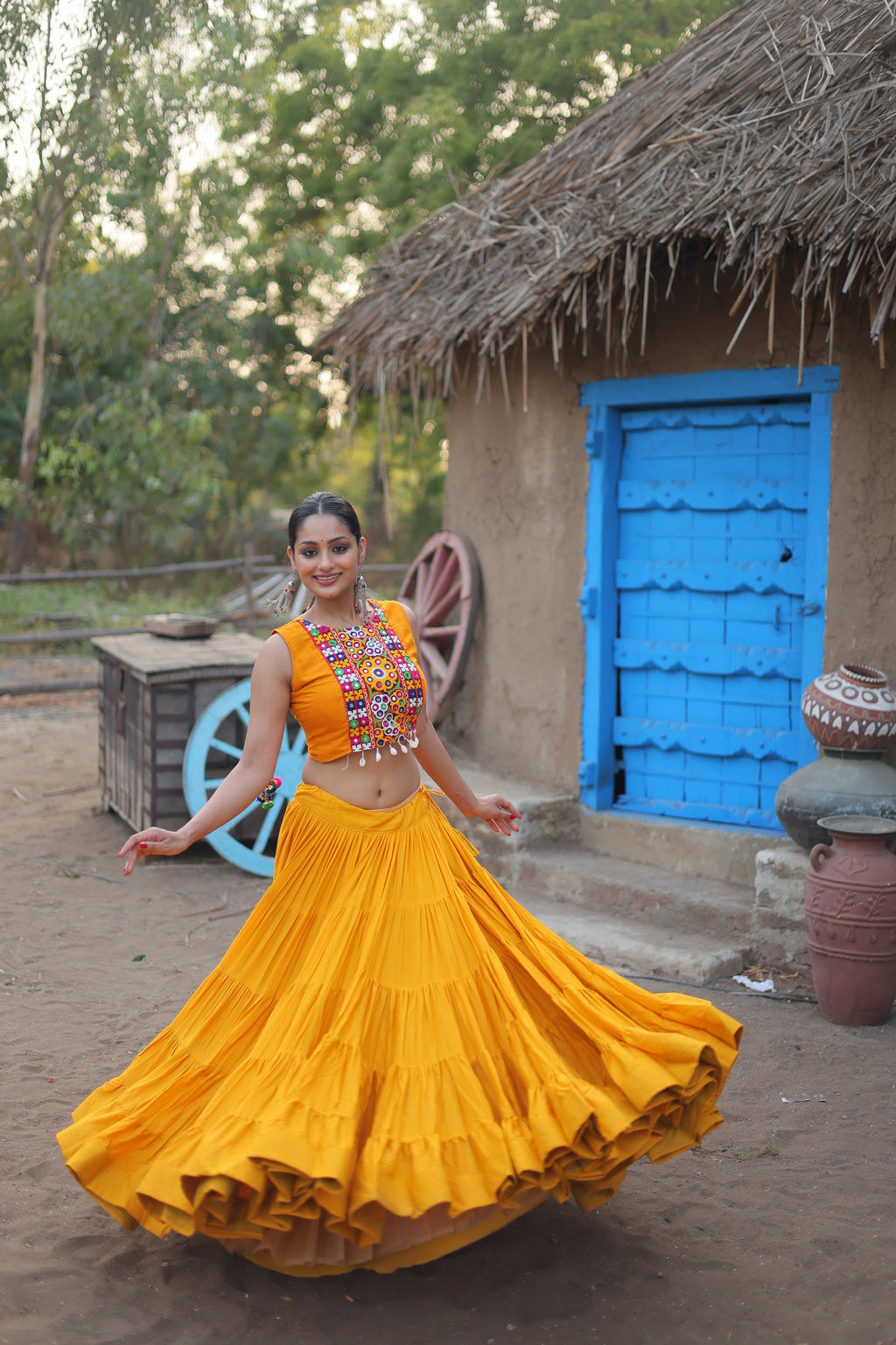 Parnika yellow rayon embroidered Navratri lehenga choli