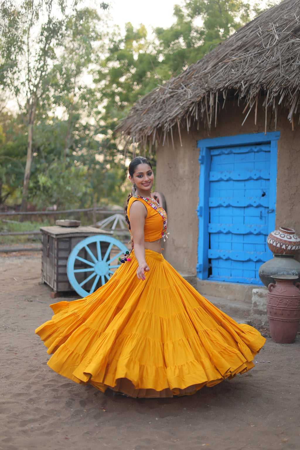 Parnika yellow rayon embroidered Navratri lehenga choli