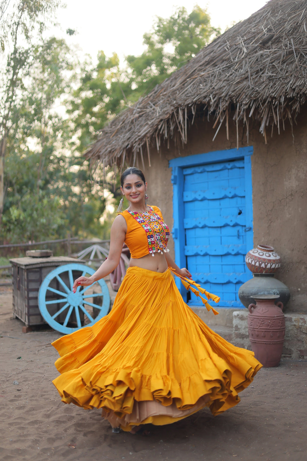 Parnika yellow rayon embroidered Navratri lehenga choli