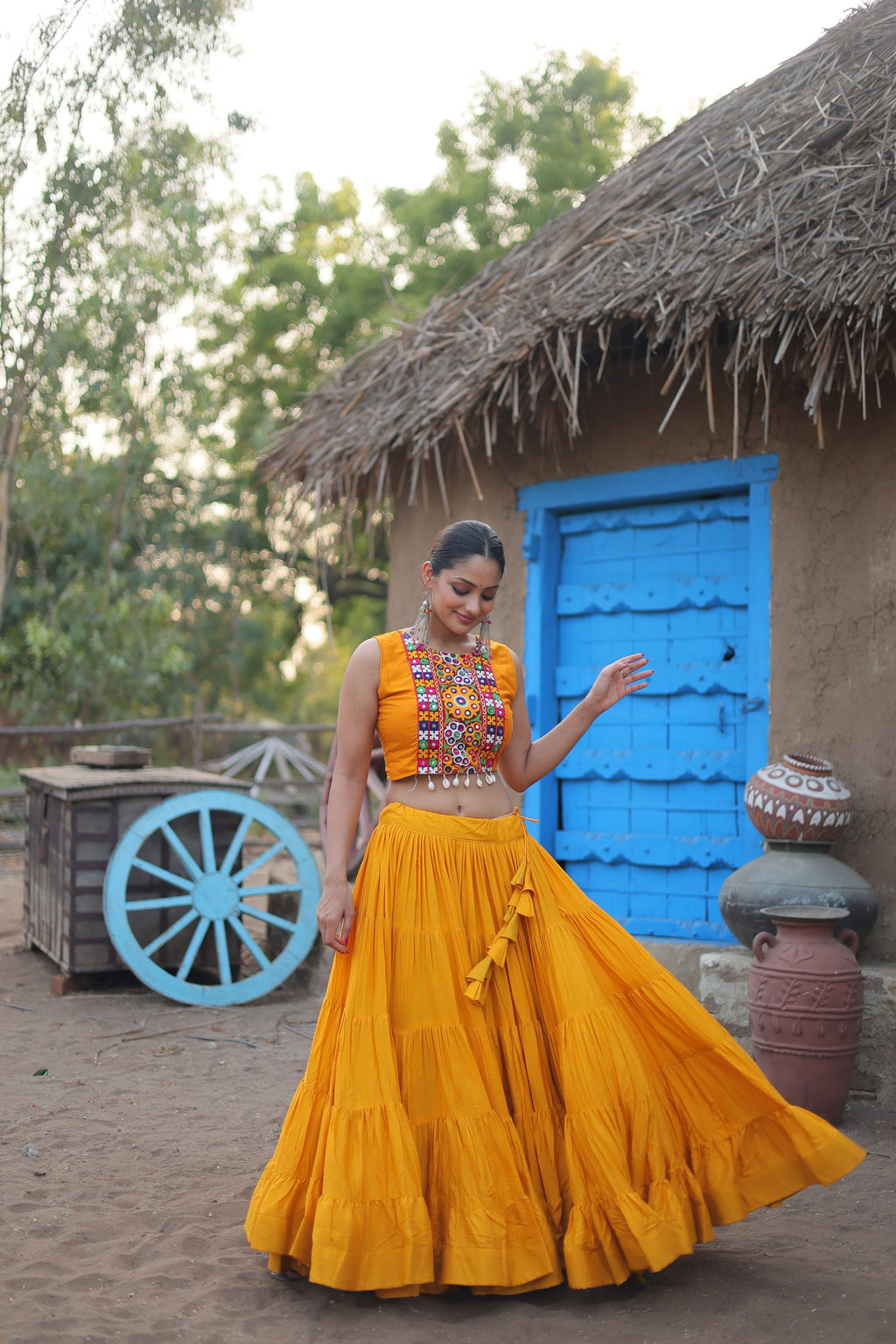 Parnika yellow rayon embroidered Navratri lehenga choli