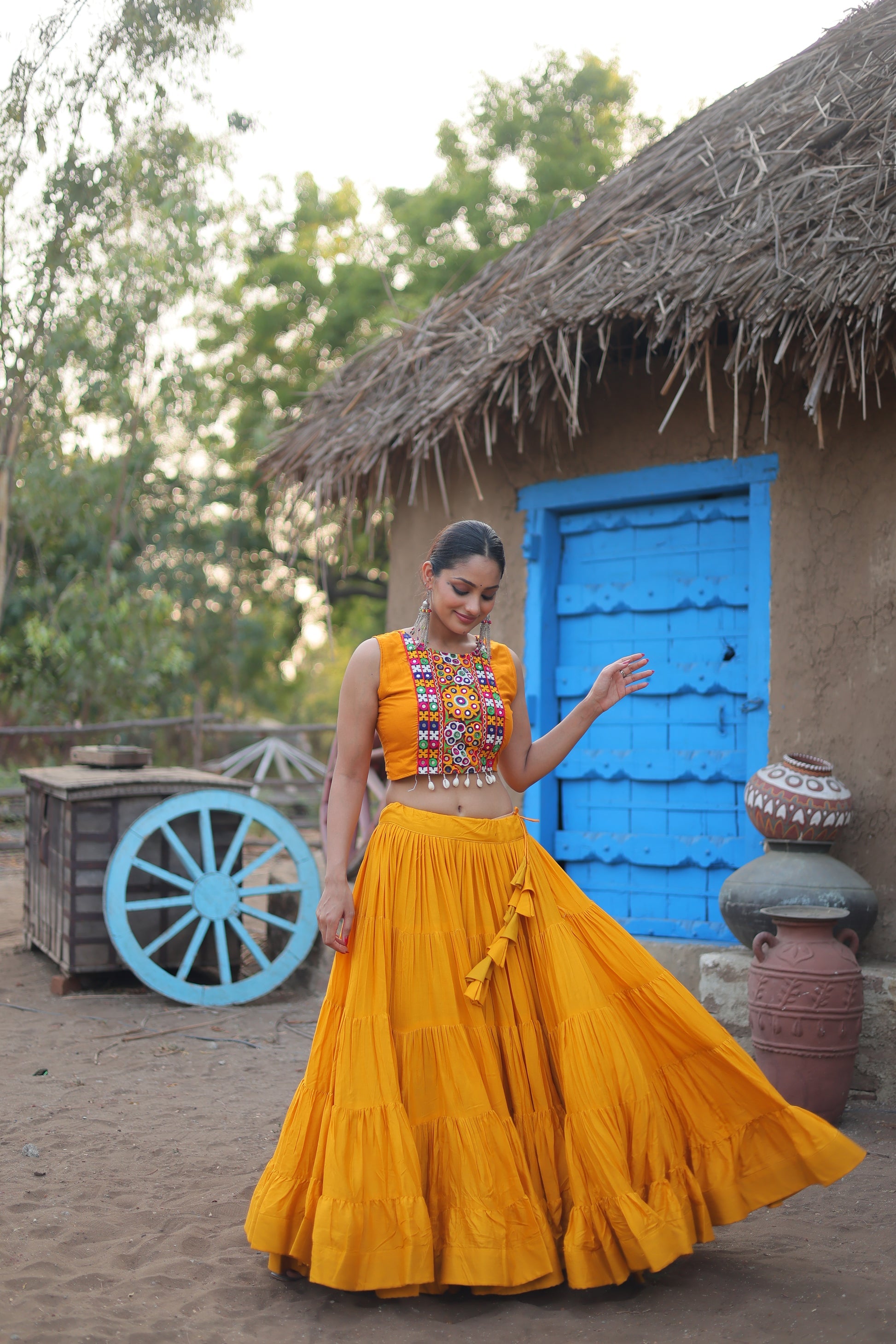 Parnika yellow rayon embroidered Navratri lehenga choli