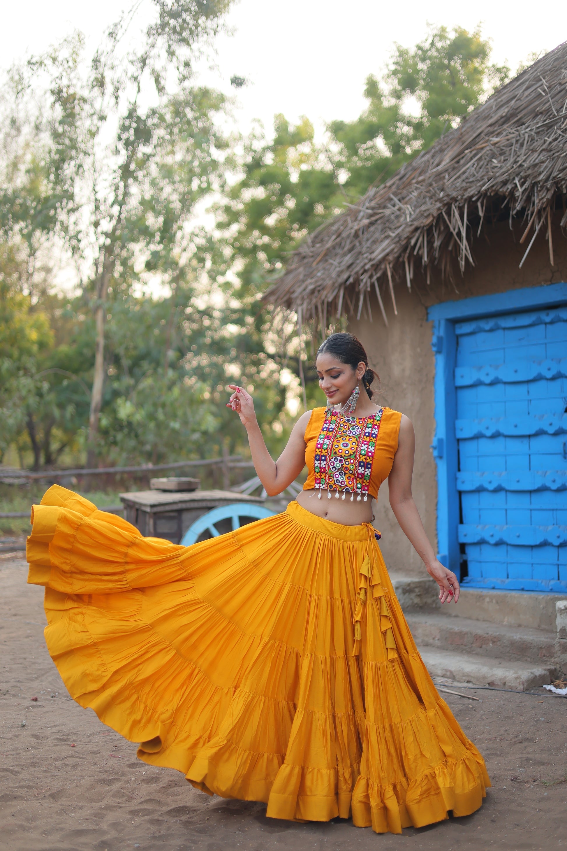 Parnika yellow rayon embroidered Navratri lehenga choli