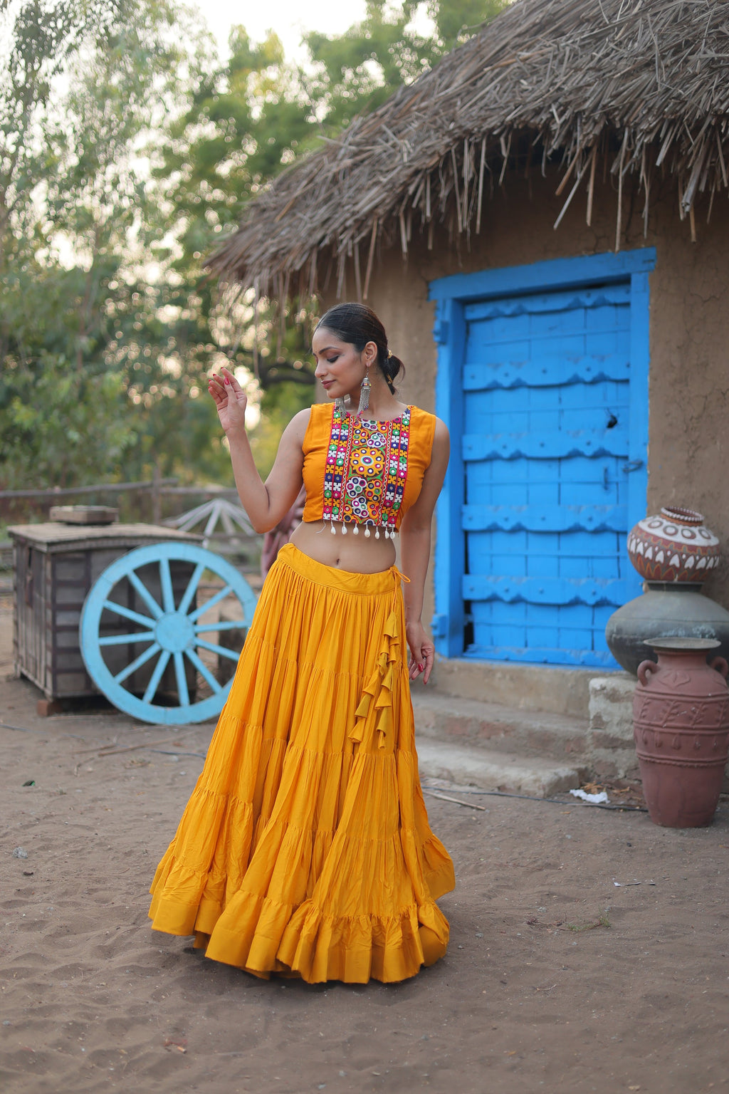 Parnika yellow rayon embroidered Navratri lehenga choli