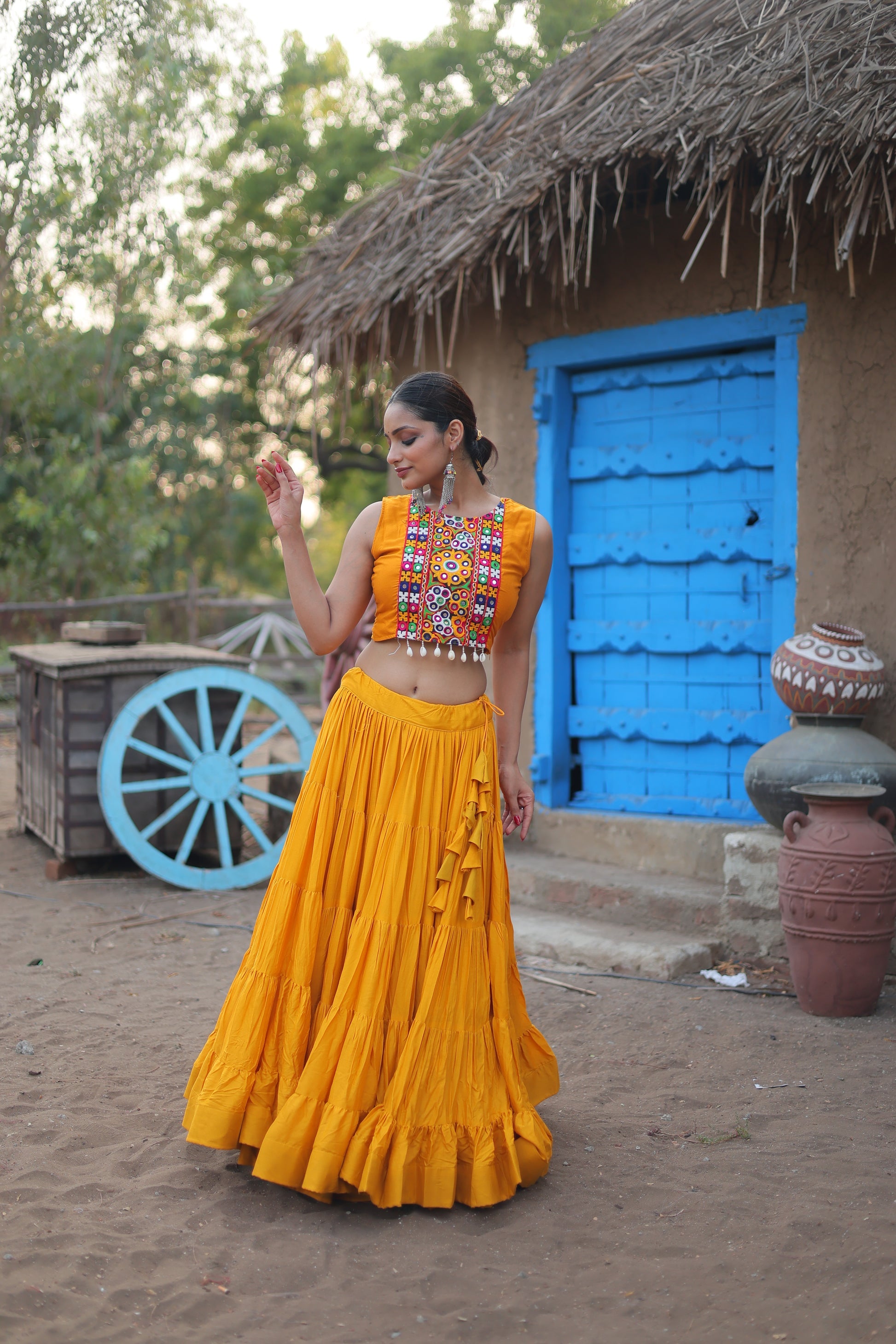 Parnika yellow rayon embroidered Navratri lehenga choli