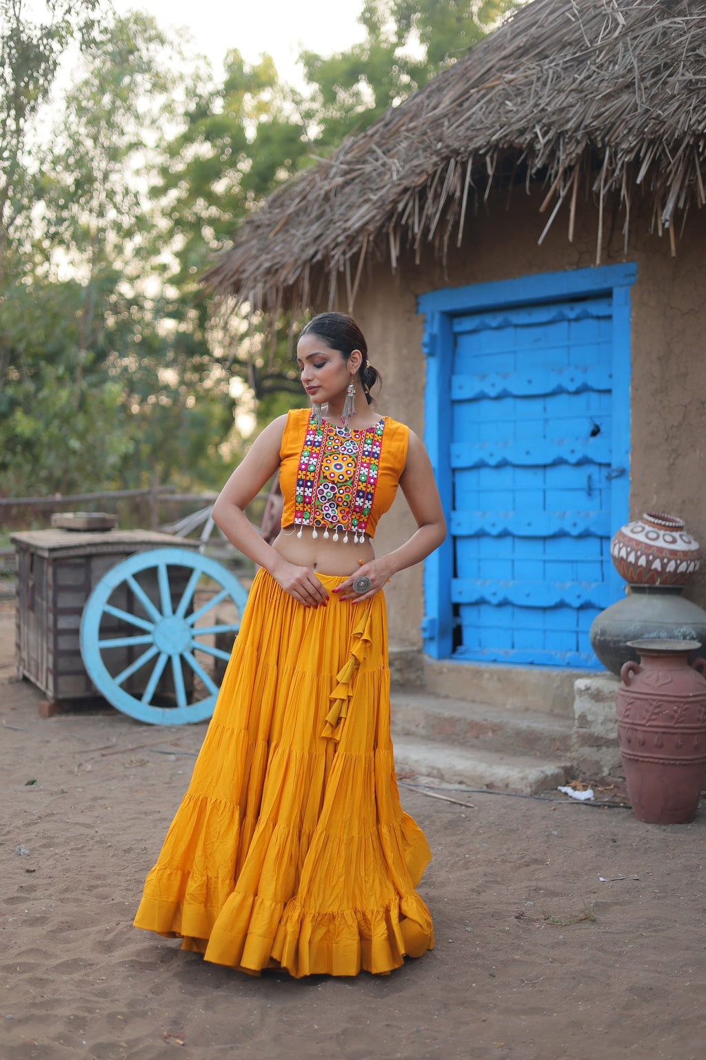 Parnika yellow rayon embroidered Navratri lehenga choli