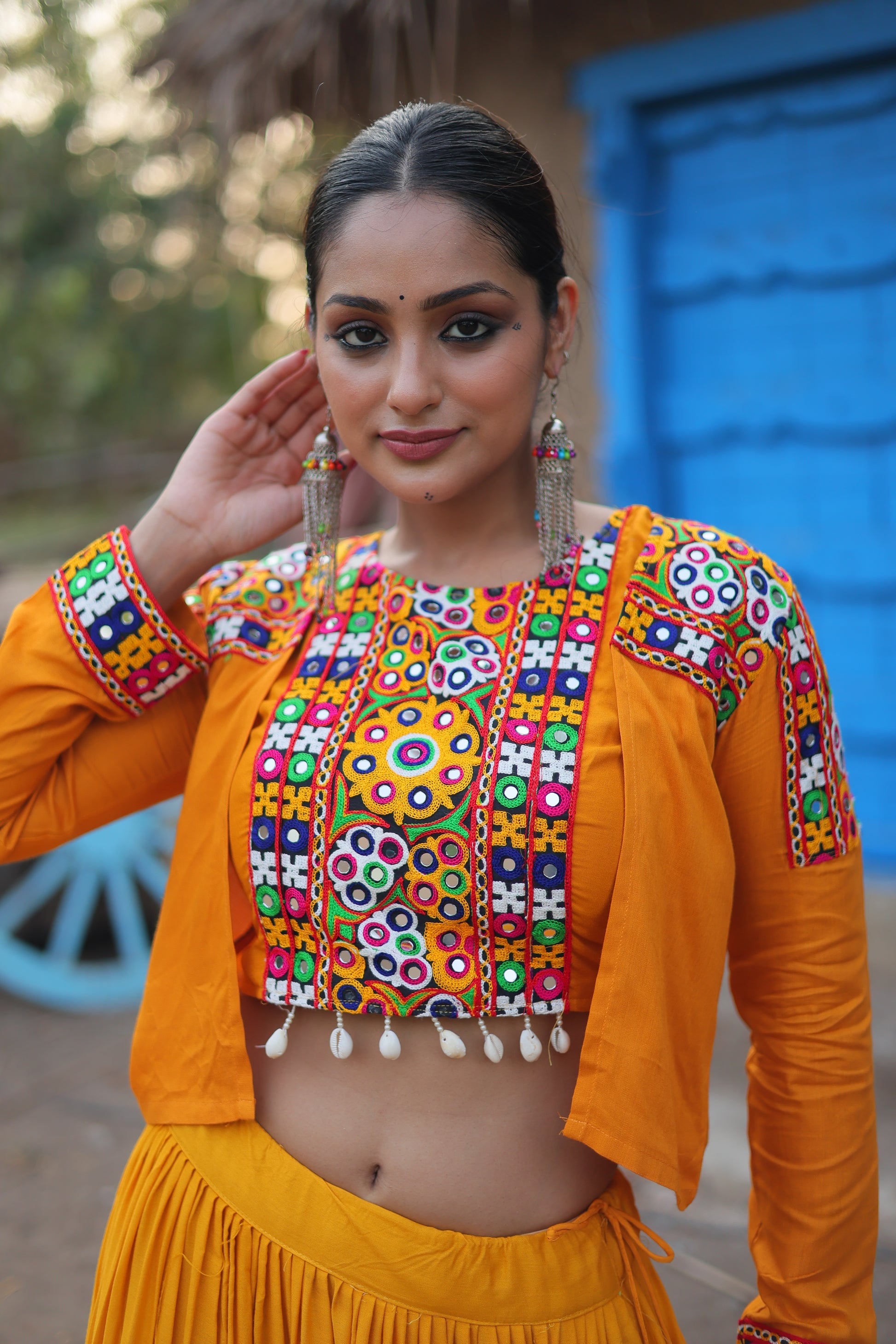 Parnika yellow rayon embroidered Navratri lehenga choli