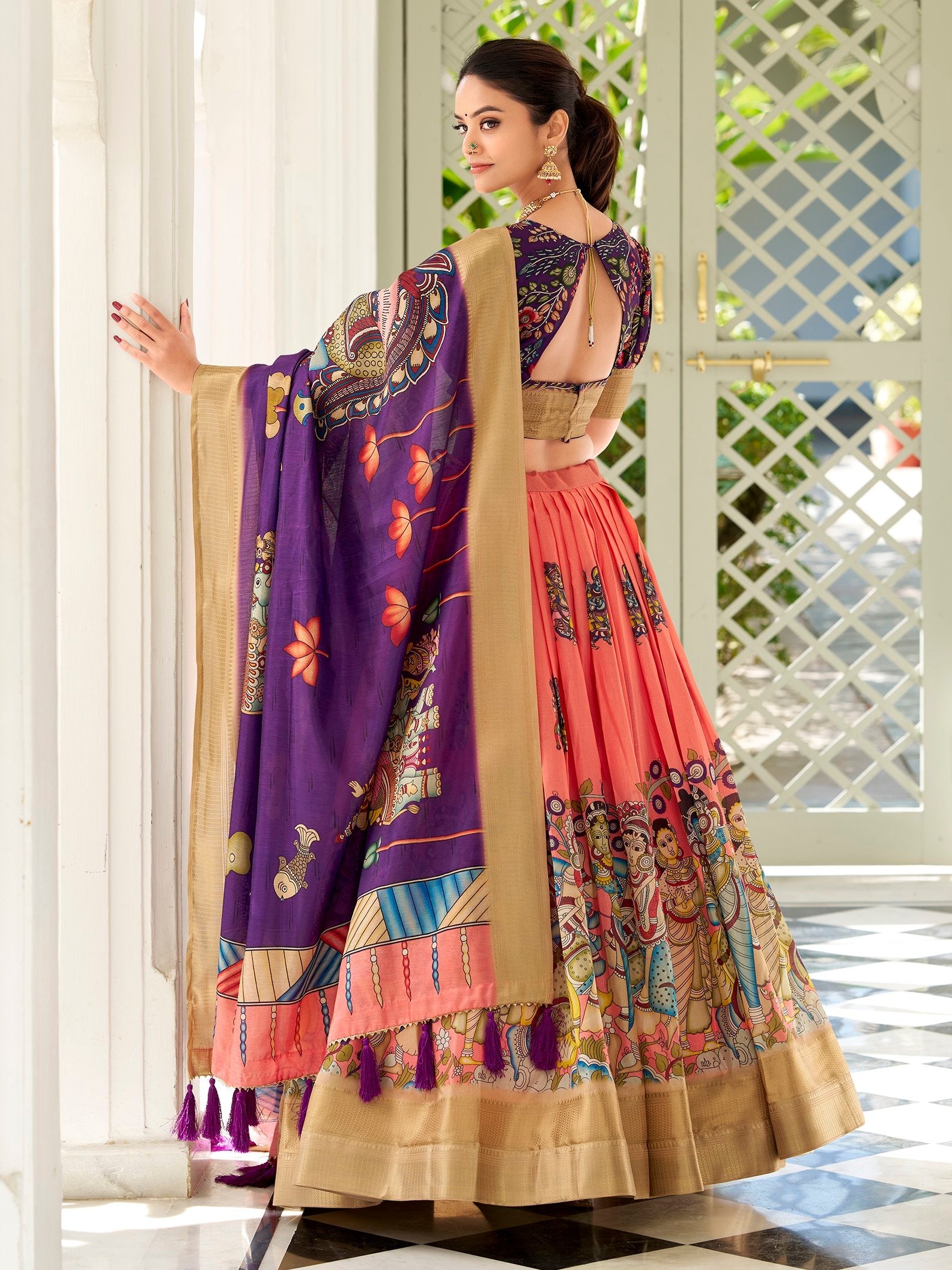 Peach Dola Silk Kalamkari Printed Traditional Lehenga Choli with Dupatta