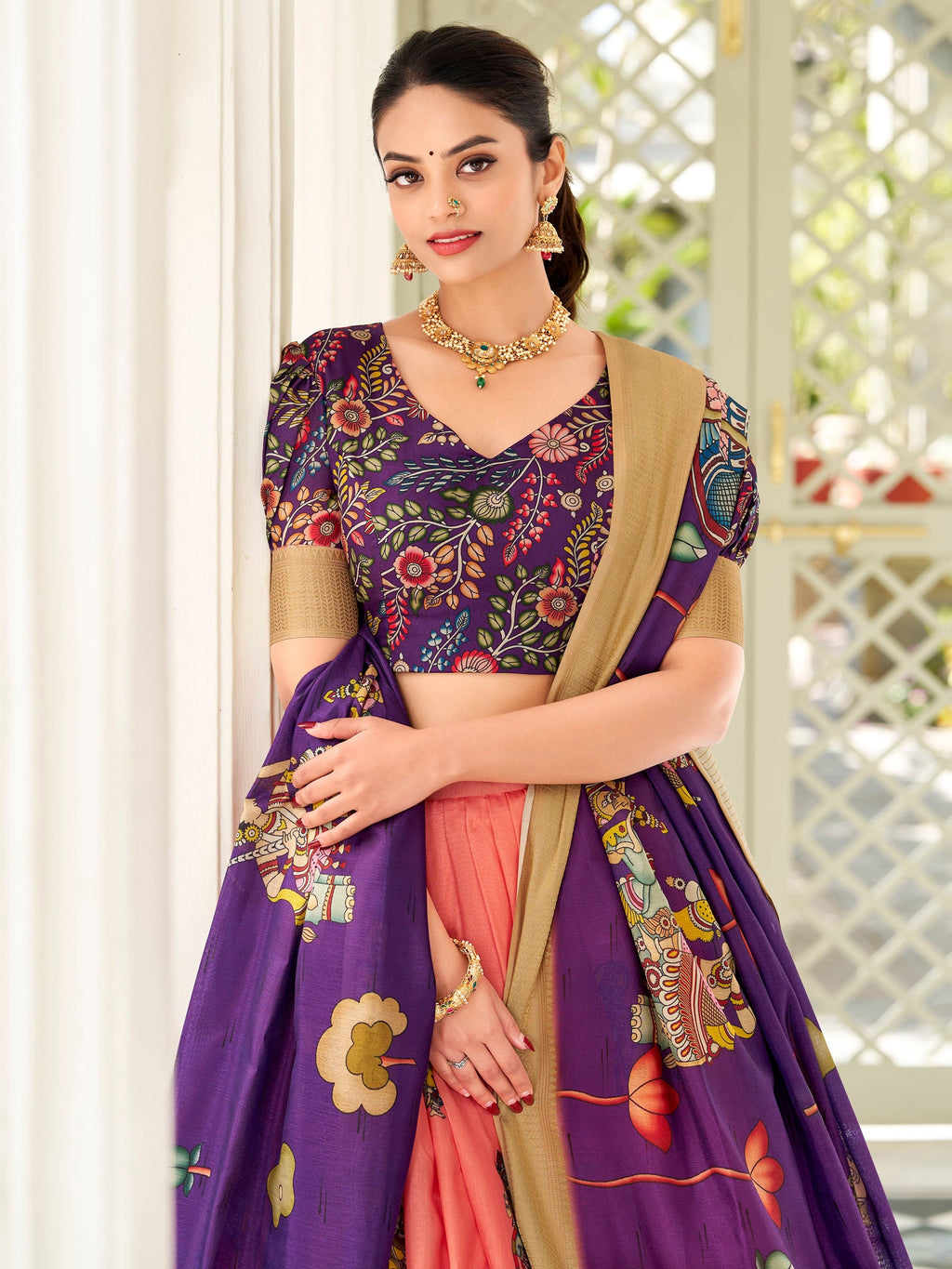 Peach Dola Silk Kalamkari Printed Traditional Lehenga Choli with Dupatta