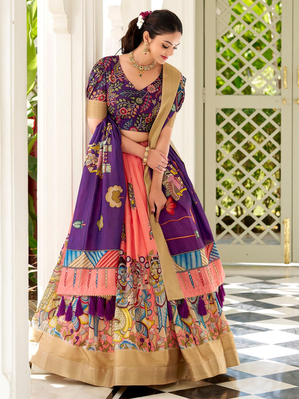 Peach Dola Silk Kalamkari Printed Traditional Lehenga Choli with Dupatta