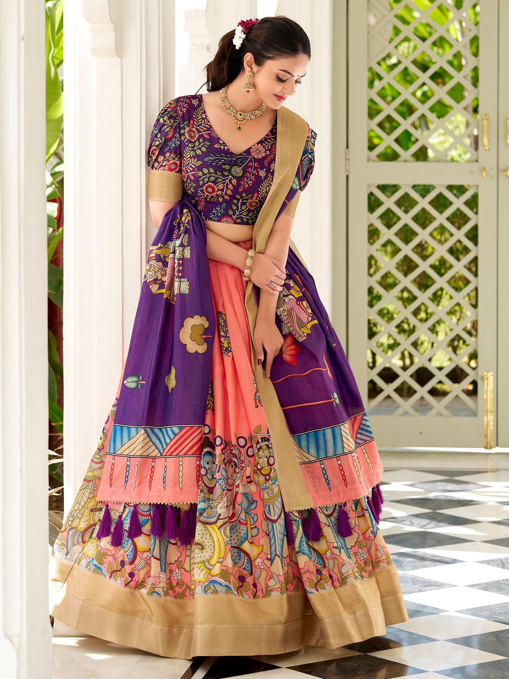 Peach Dola Silk Kalamkari Printed Traditional Lehenga Choli with Dupatta