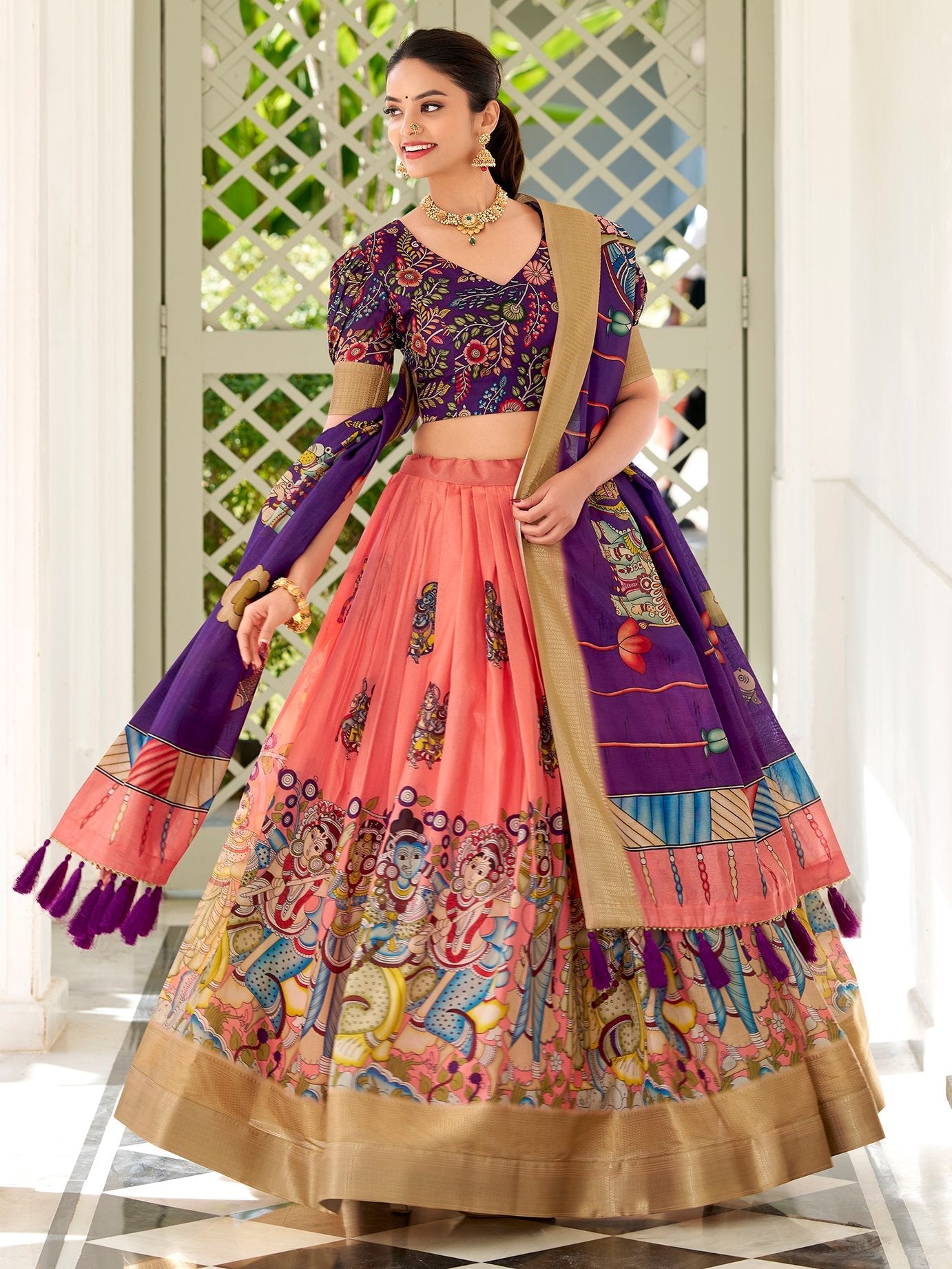 Peach Dola Silk Kalamkari Printed Traditional Lehenga Choli with Dupatta