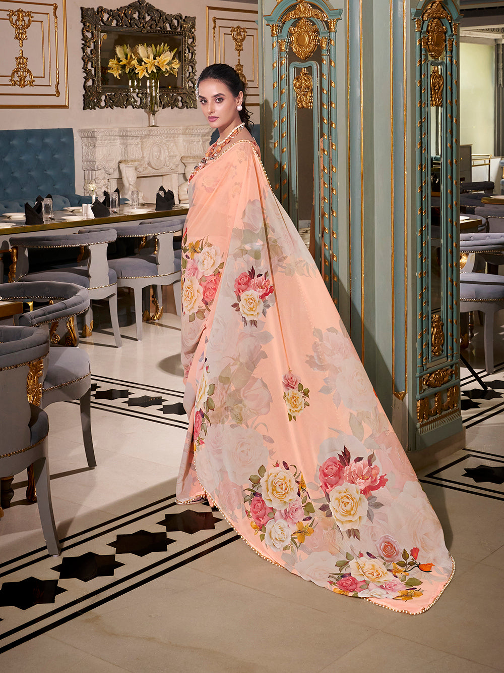 Peach Georgette Printed Saree with Pearl Lace Border Elegant Lightweight Saree for Festive & Daily Wear