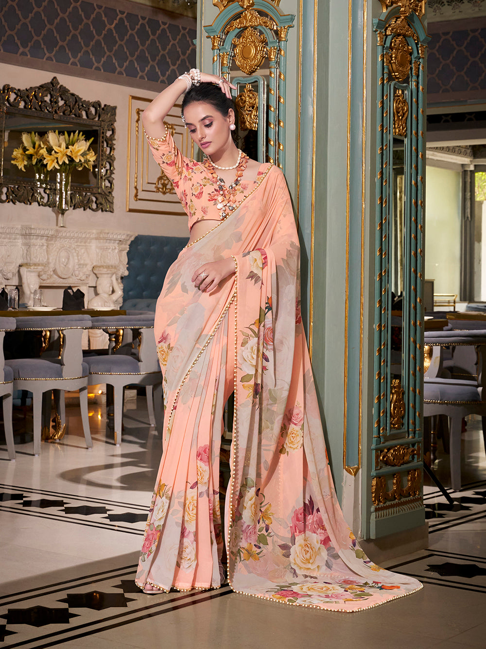 Peach Georgette Printed Saree with Pearl Lace Border Elegant Lightweight Saree for Festive & Daily Wear