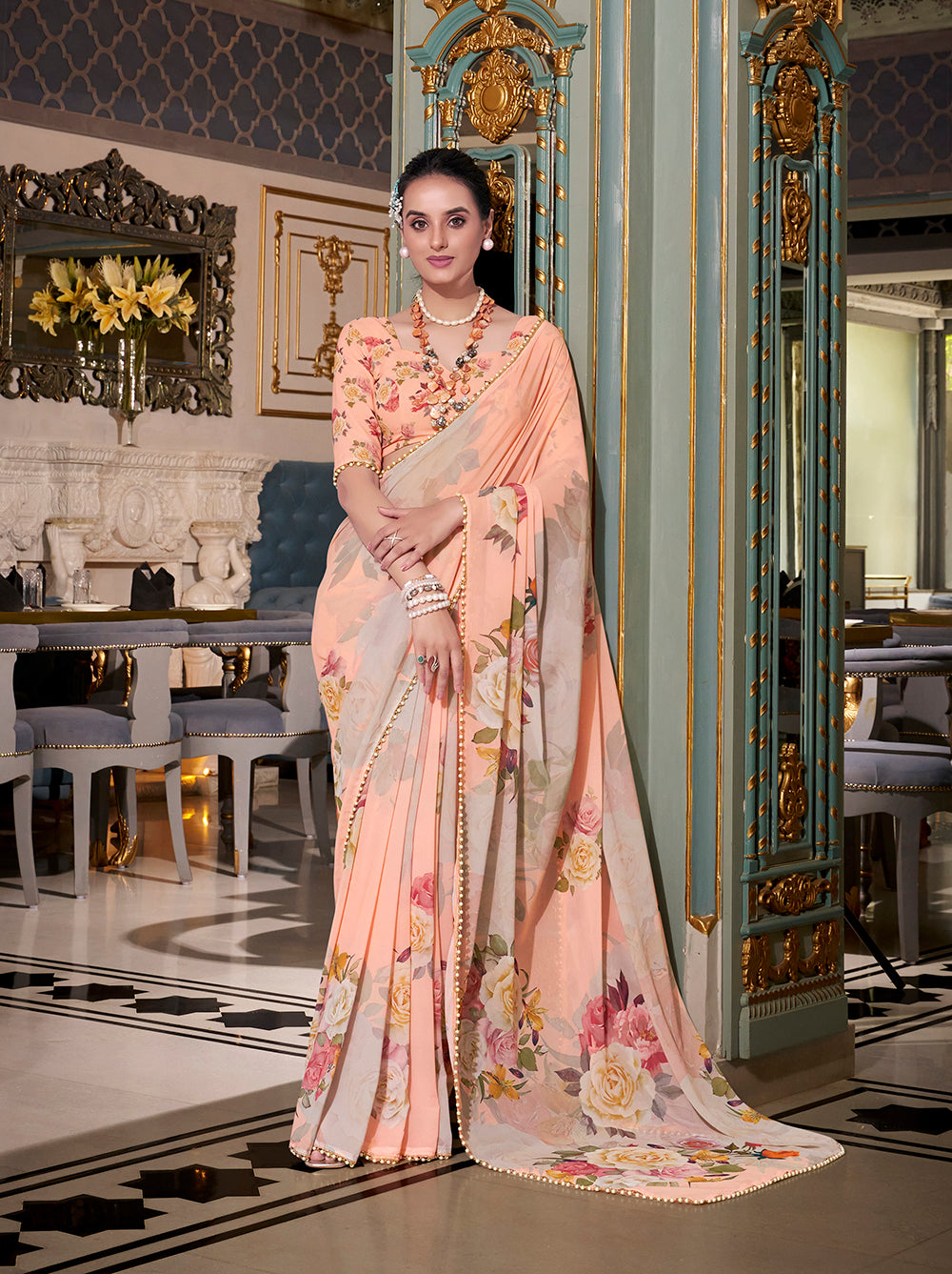 Peach Georgette Printed Saree with Pearl Lace Border Elegant Lightweight Saree for Festive & Daily Wear