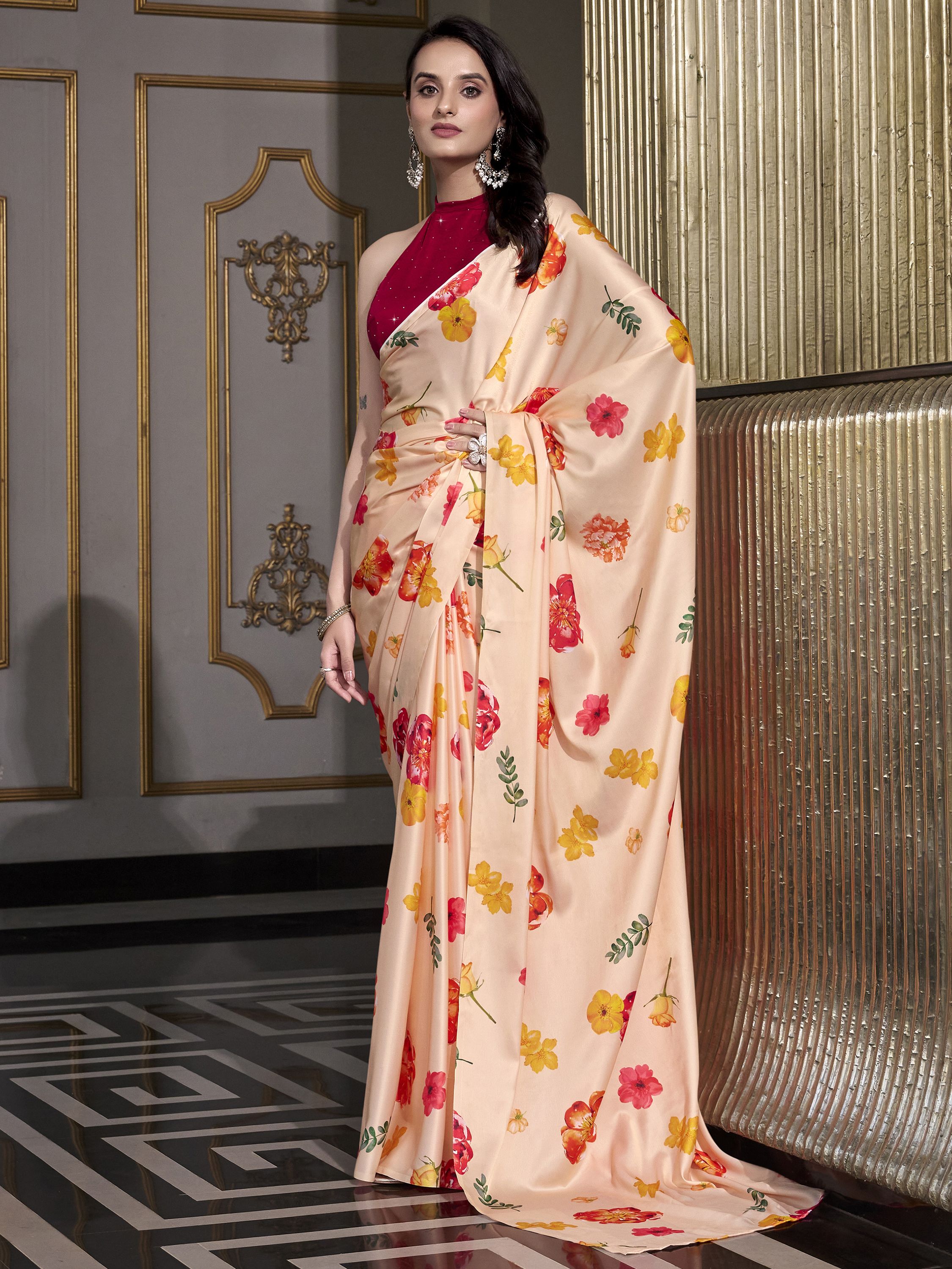 Peach Satin Silk Printed Saree with Moonga Silk Blouse