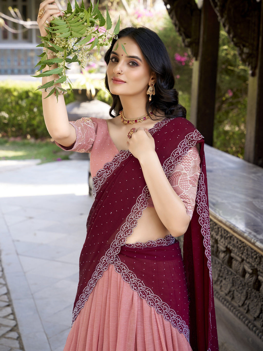 Peach Silver Glossy Embroidered with Hotfix Work Lehenga Choli