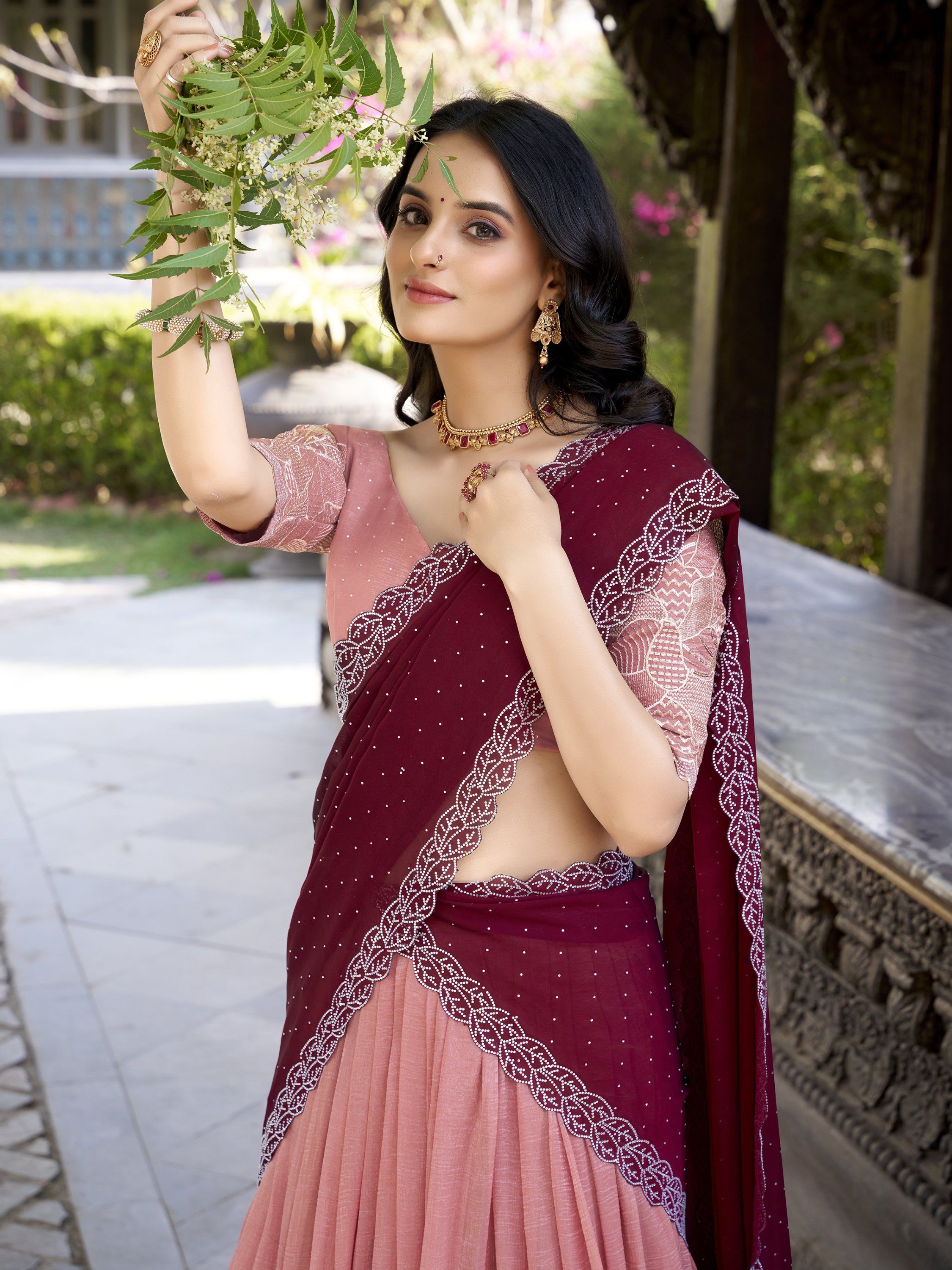 Peach Silver Glossy Embroidered with Hotfix Work Lehenga Choli