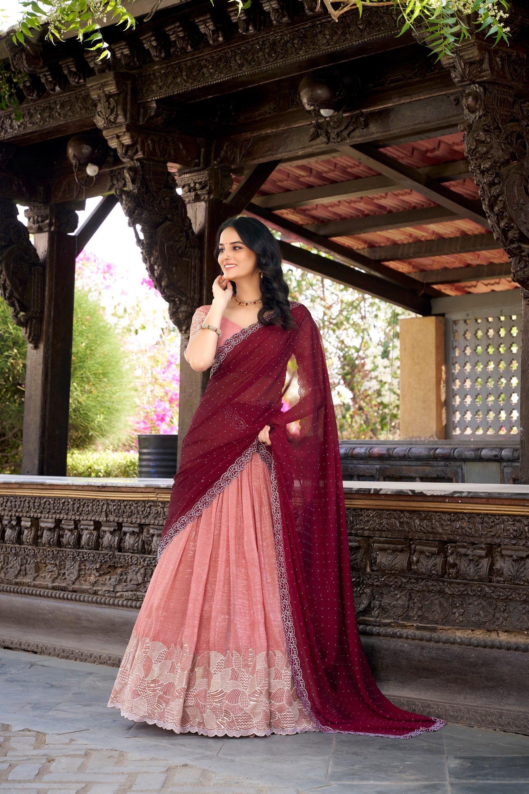 Peach Silver Glossy Embroidered with Hotfix Work Lehenga Choli