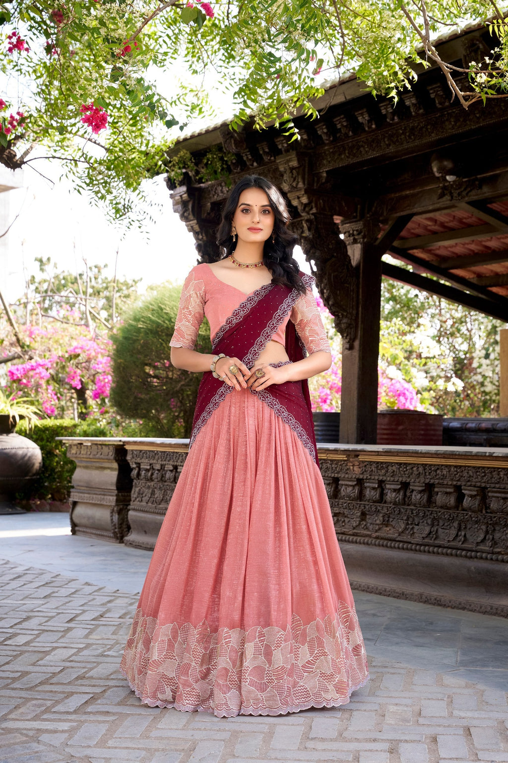 Peach Silver Glossy Embroidered with Hotfix Work Lehenga Choli