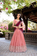 Peach Silver Glossy Embroidered with Hotfix Work Lehenga Choli