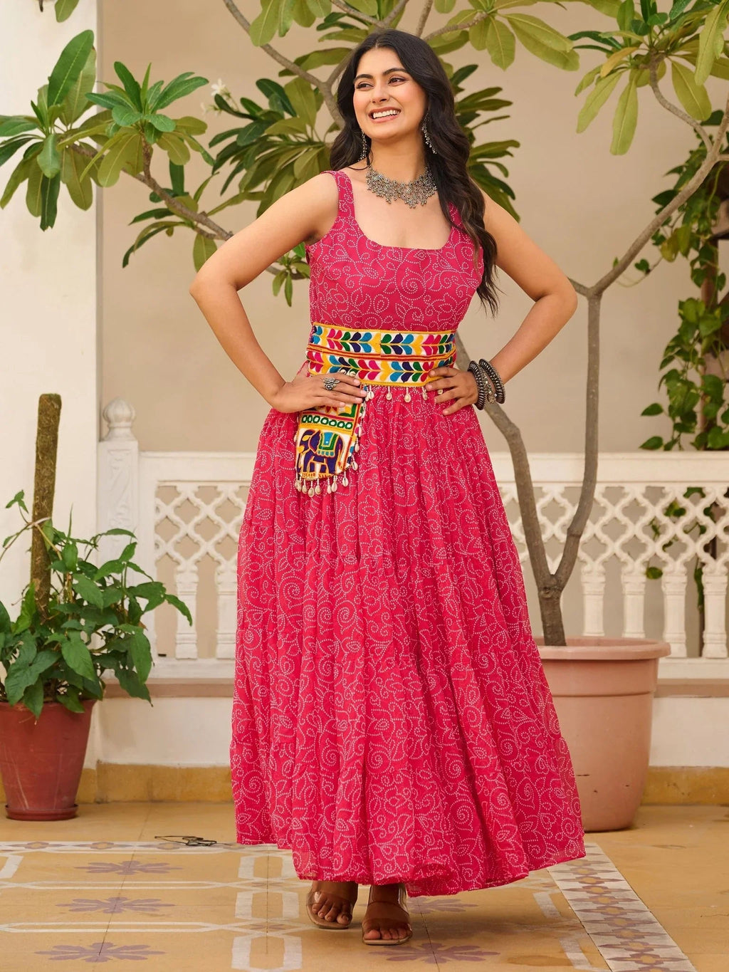 Pink Georgette Bandhani Print Mirror Gamthi Work Traditional Gown