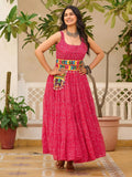 Pink Georgette Bandhani Print Mirror Gamthi Work Traditional Gown