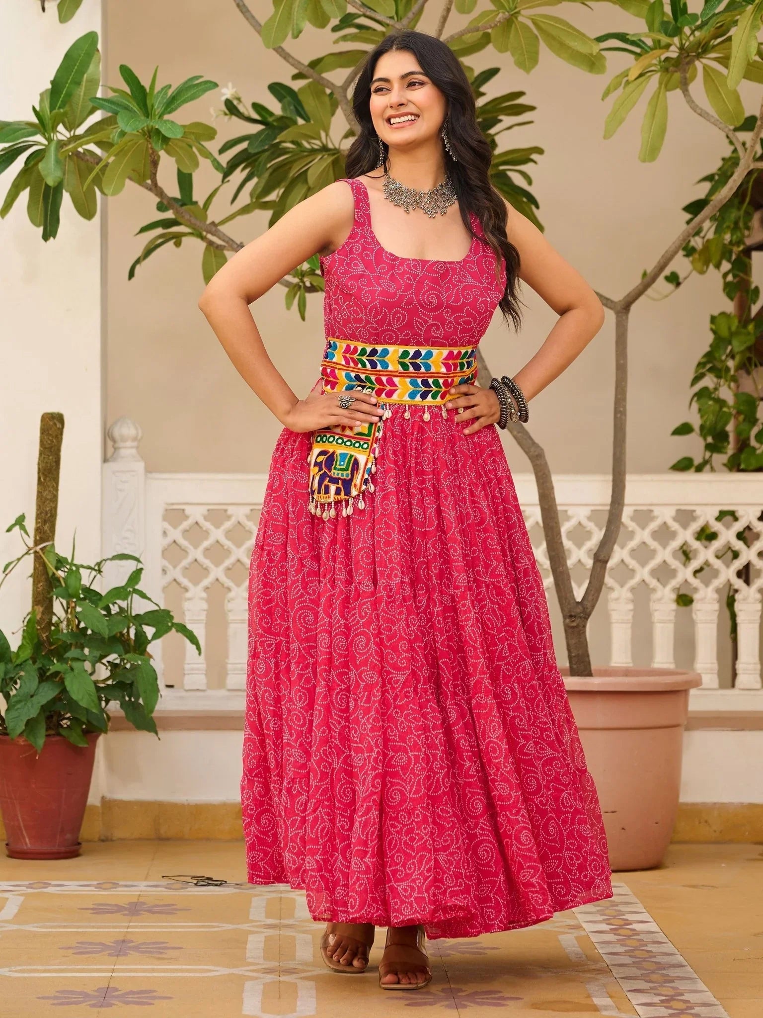 Pink Georgette Bandhani Print Mirror Gamthi Work Traditional Gown