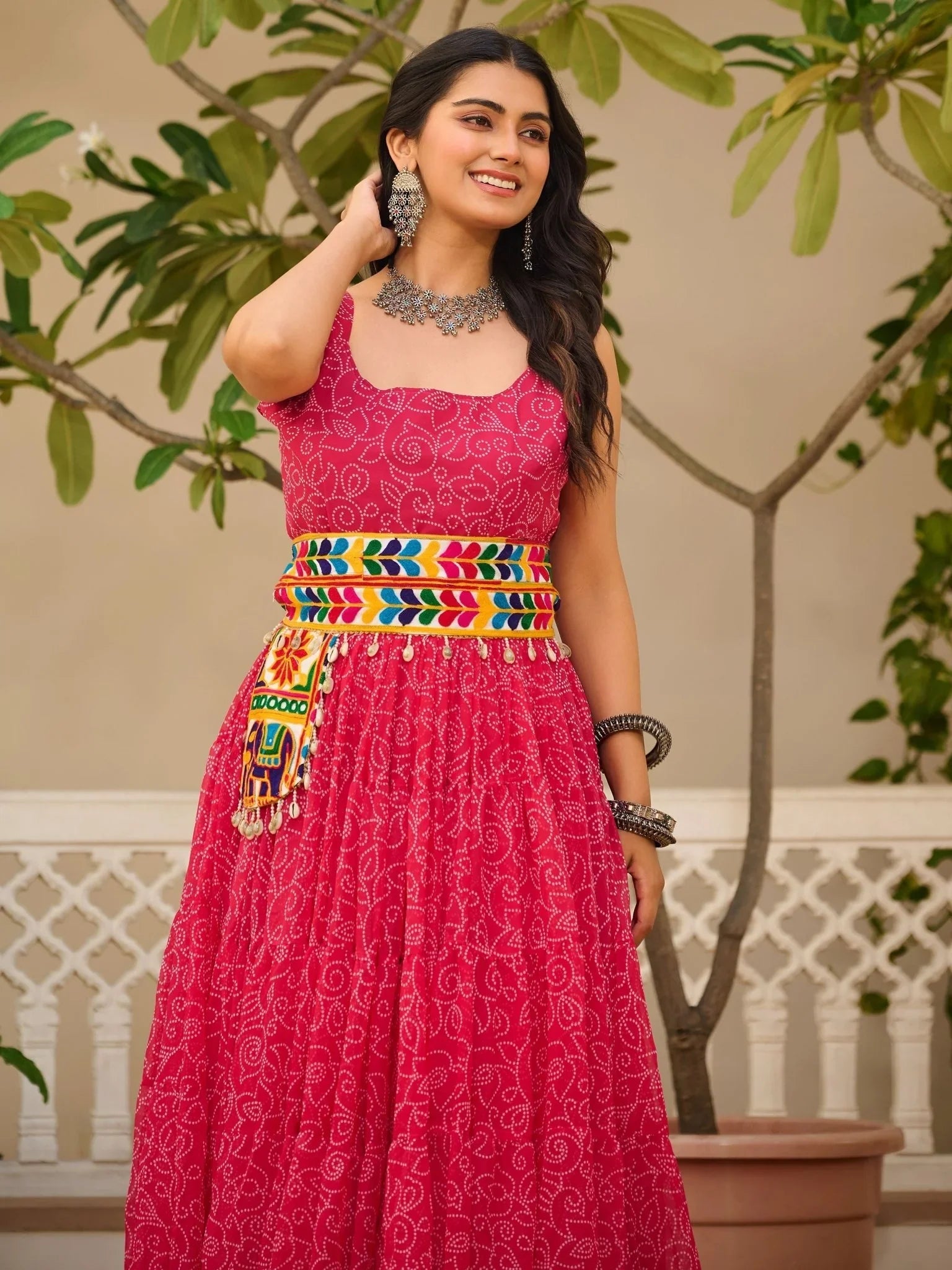 Pink Georgette Bandhani Print Mirror Gamthi Work Traditional Gown