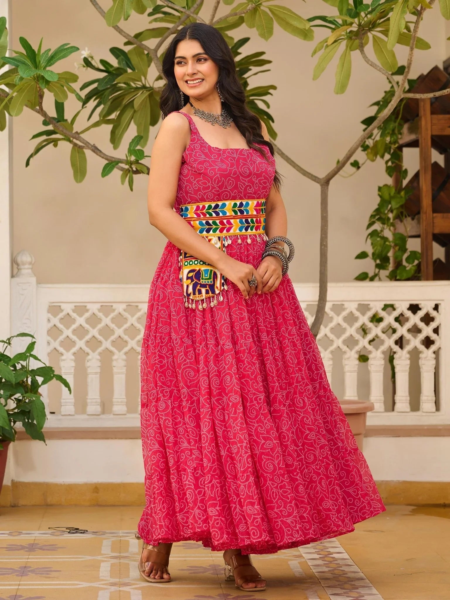 Pink Georgette Bandhani Print Mirror Gamthi Work Traditional Gown