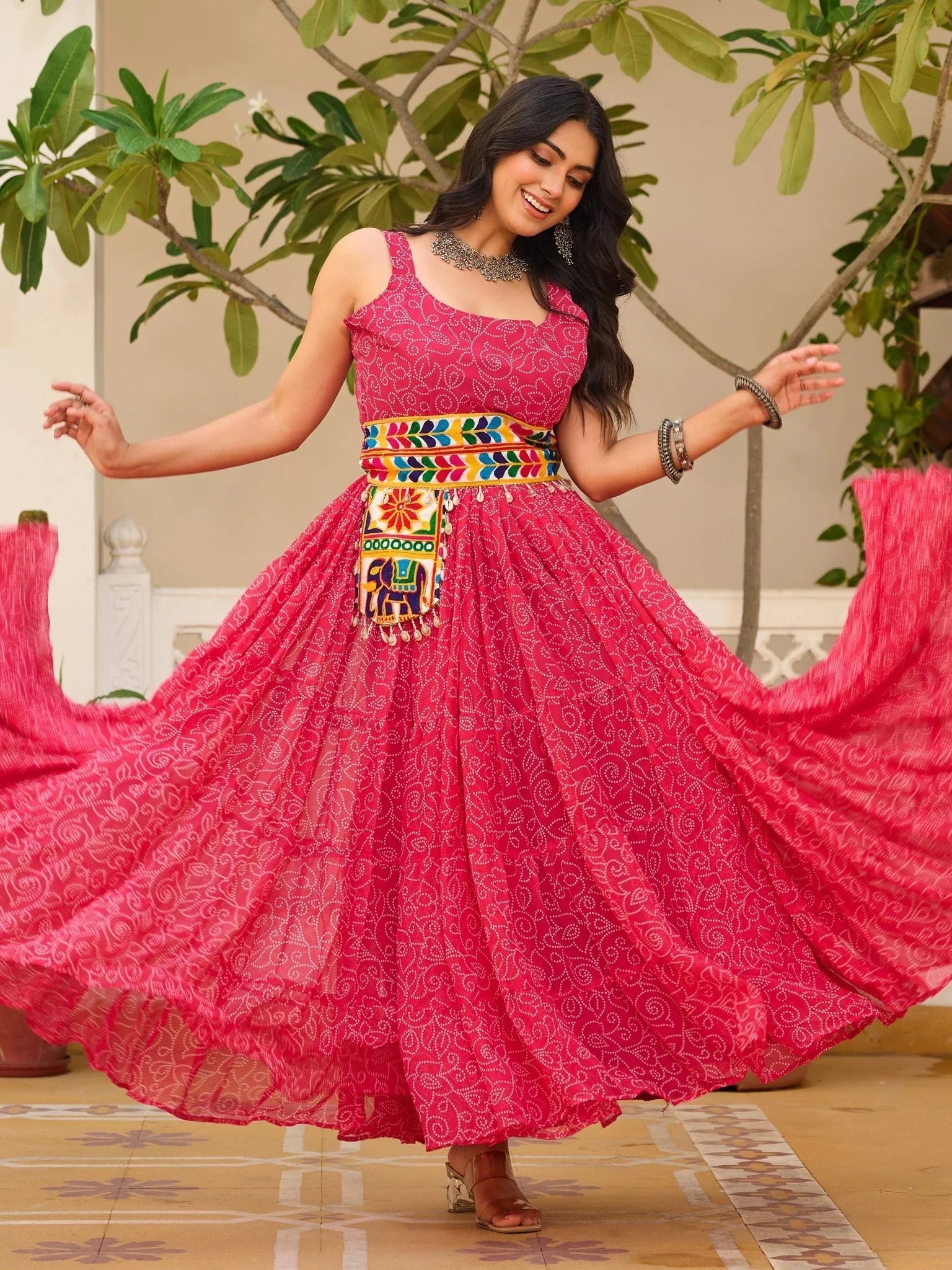 Pink Georgette Bandhani Print Mirror Gamthi Work Traditional Gown