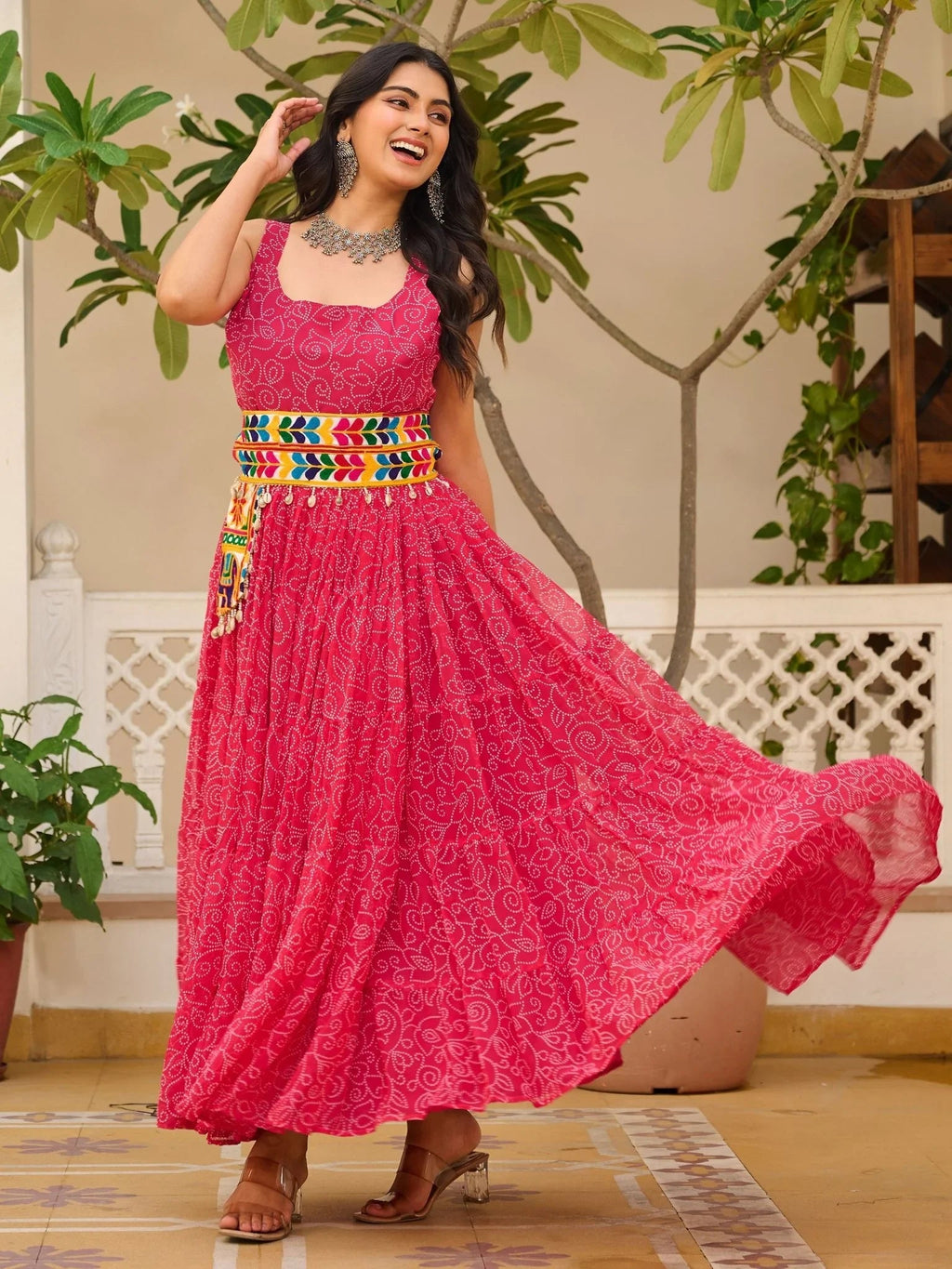 Pink Georgette Bandhani Print Mirror Gamthi Work Traditional Gown