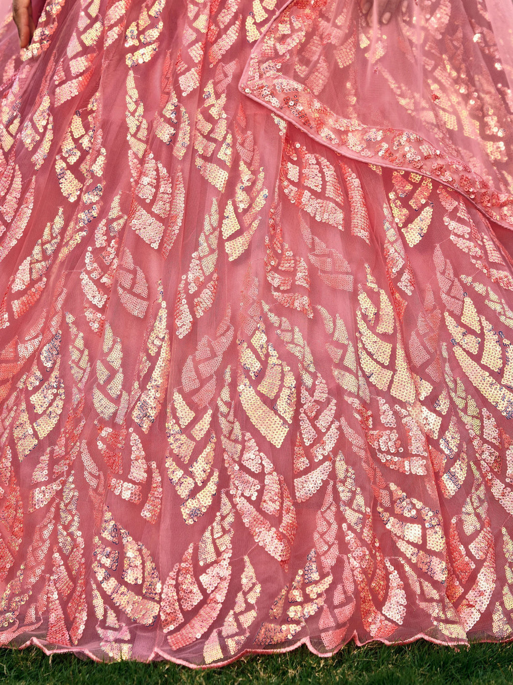 Pink soft net lehenga choli with heavy multi sequins embroidery and lace border dupatta perfect for weddings receptions and glam parties