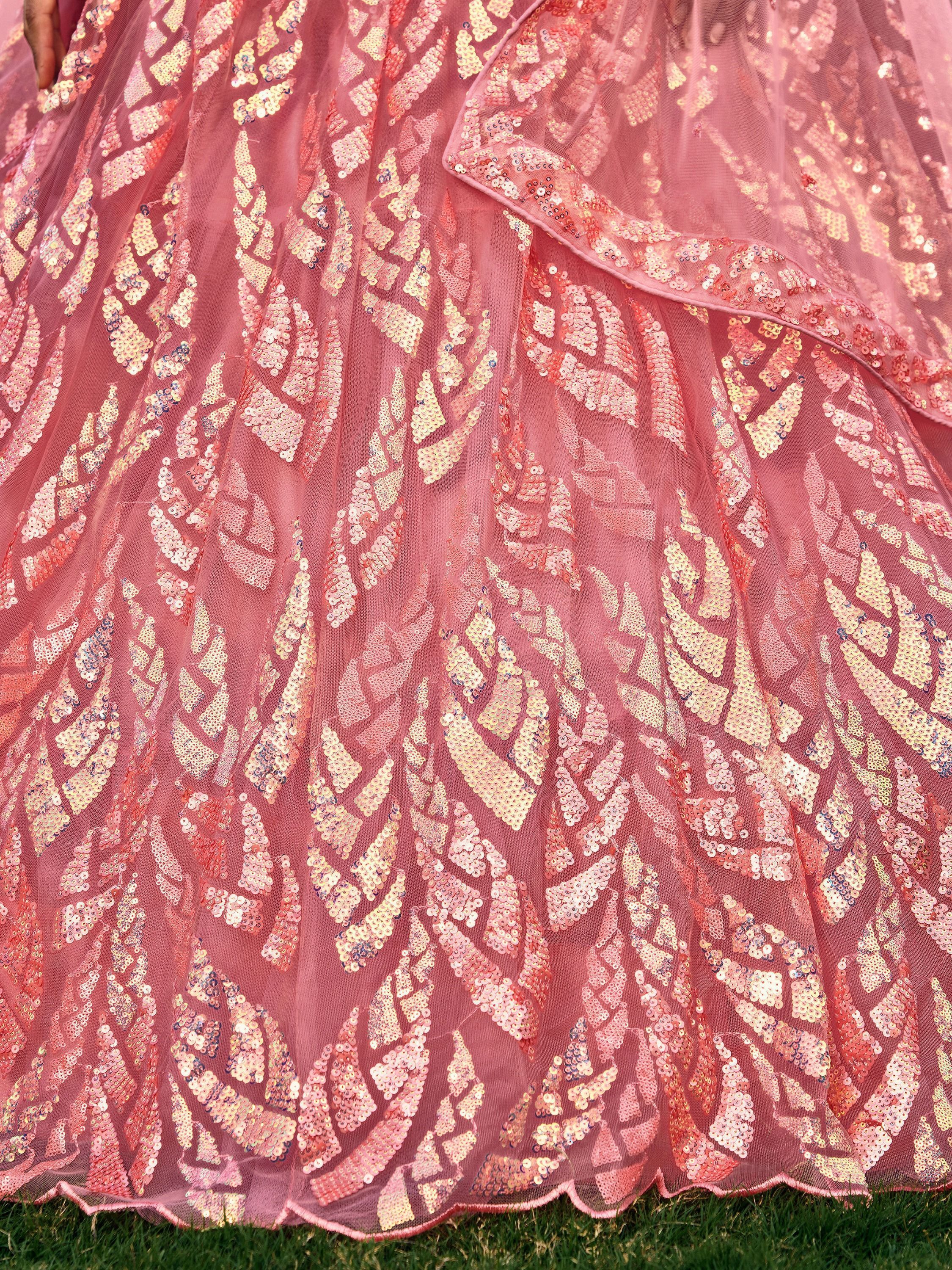 Pink soft net lehenga choli with heavy multi sequins embroidery and lace border dupatta perfect for weddings receptions and glam parties