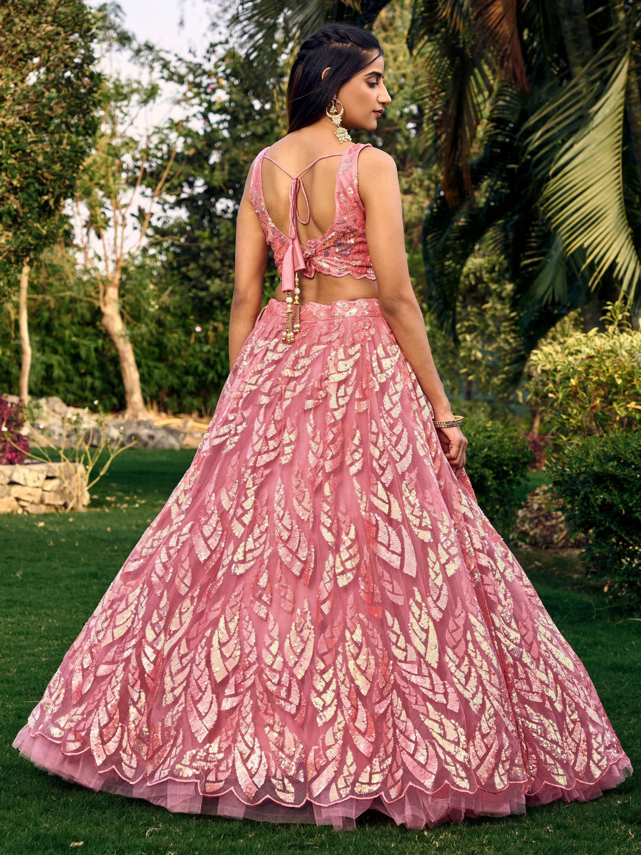 Pink soft net lehenga choli with heavy multi sequins embroidery and lace border dupatta perfect for weddings receptions and glam parties