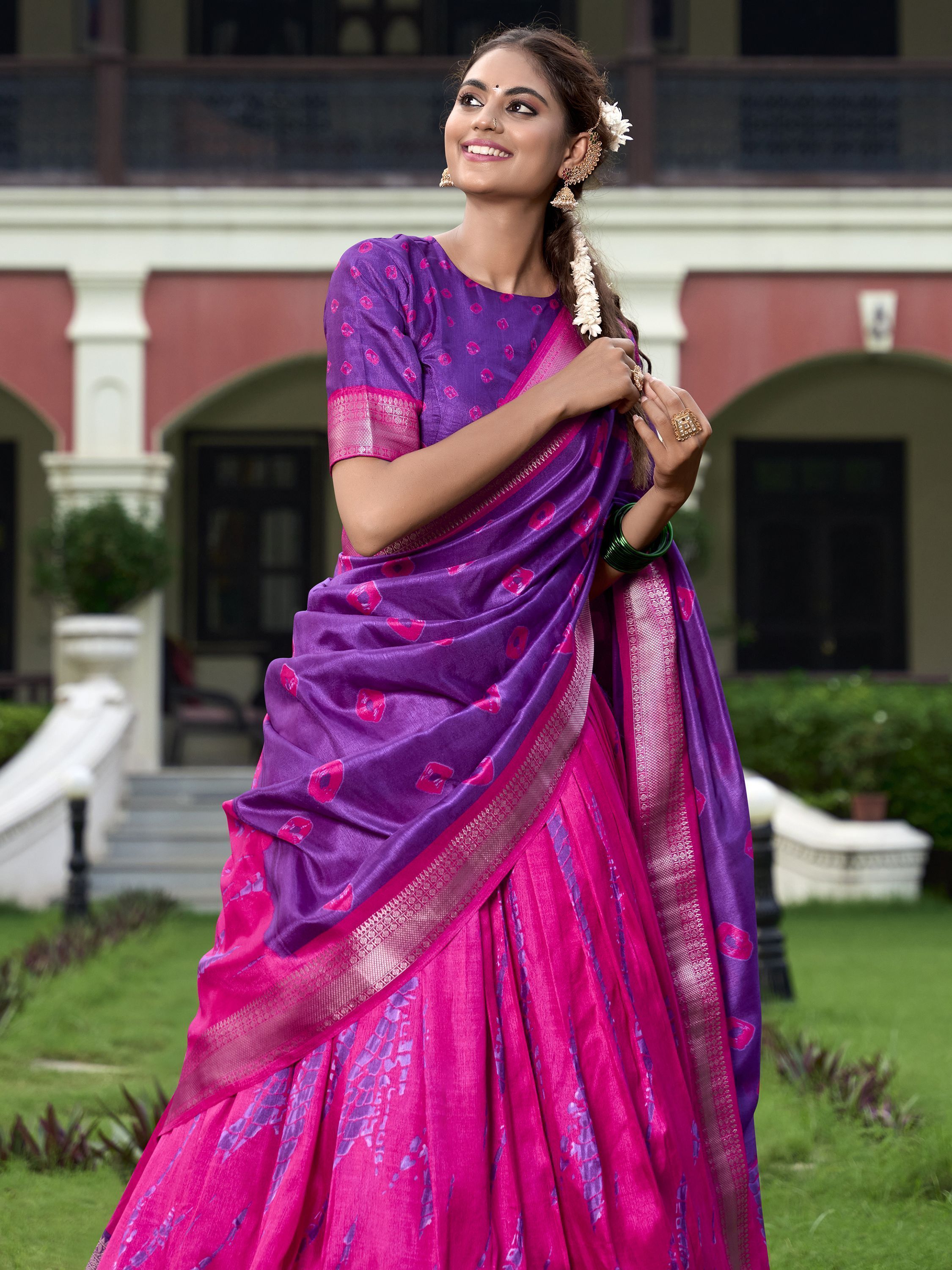 Purple Dola Silk Shibori Print Zari Weaving Lehenga Choli With Dupatta