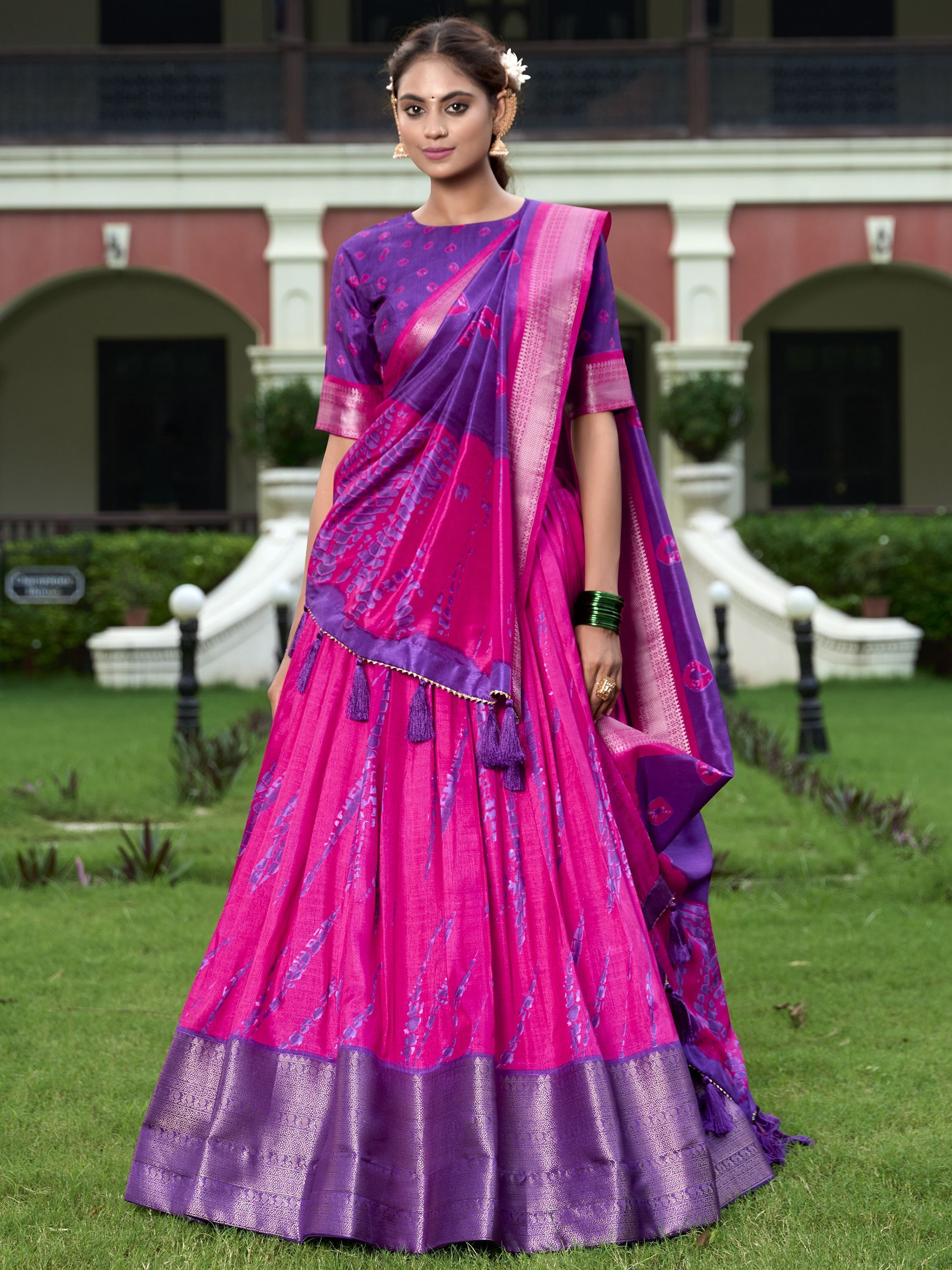 Purple Dola Silk Shibori Print Zari Weaving Lehenga Choli With Dupatta